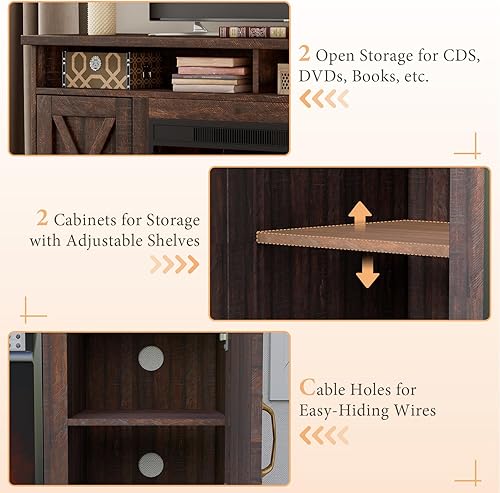 Miniatura 5 de AMERLIFE Soporte de TV de granja de 63 pulgadas con chimenea de 26 pulgadas, para televisores de hasta 73 pulgadas, centro de entretenimiento