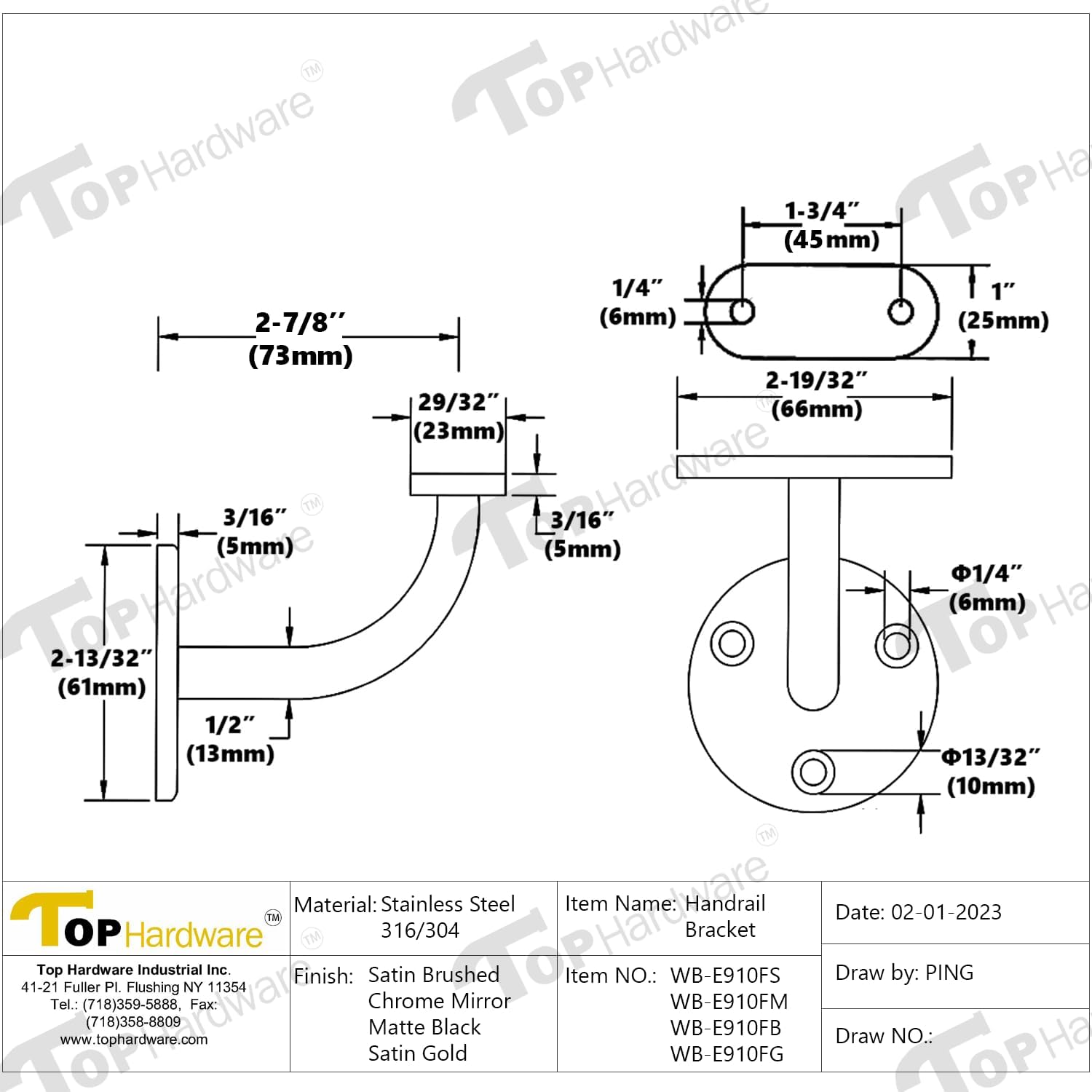 Stainless Steel 304 [Marine Grade] Wall Mount Handrail Bracket for Wood & Metal Stair Railing, Support Flat Surface Square Tube, Matt Black finish, 4-Pack, WB-E910FB