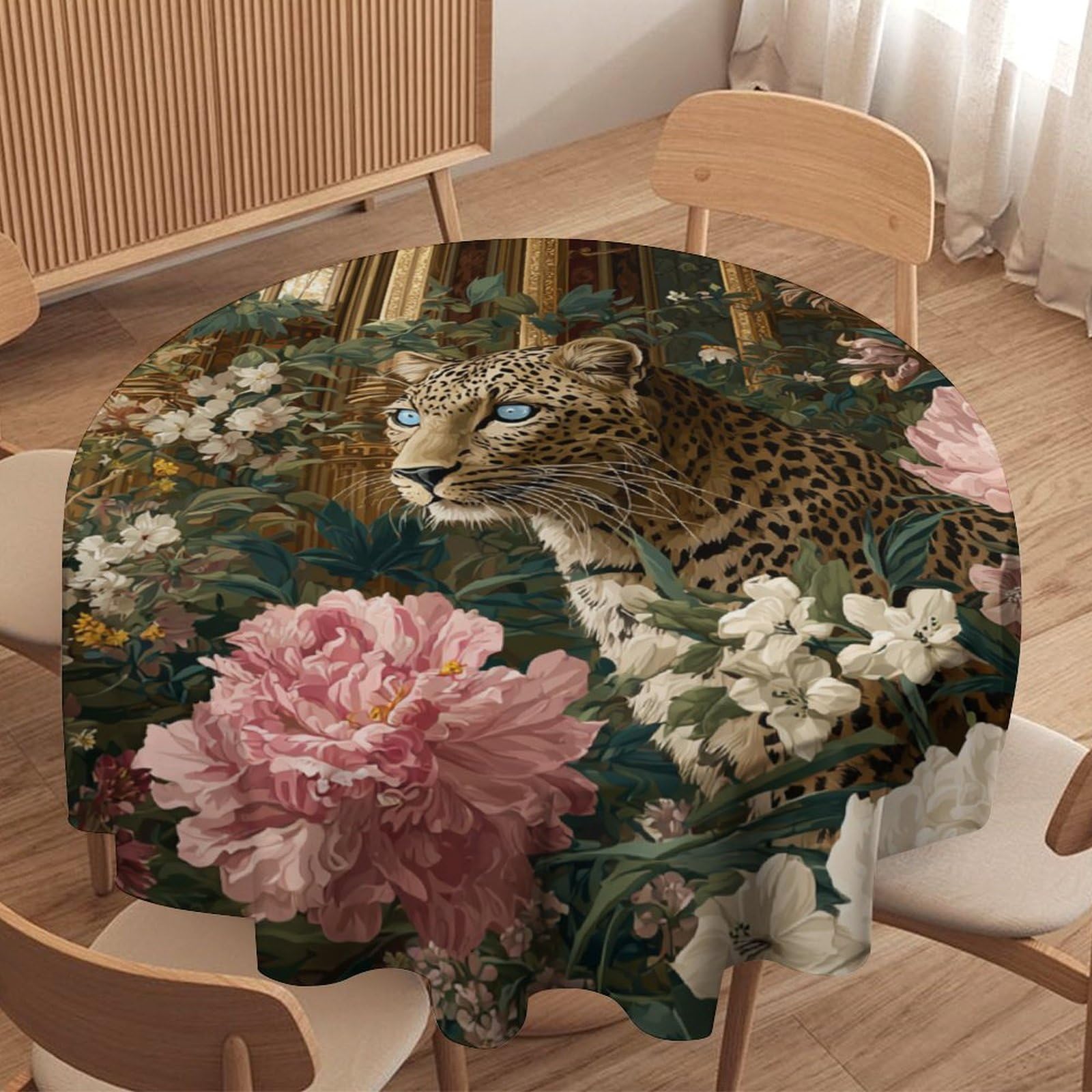 LUYYSKY Beautiful Abstract Elegant Leopards Waterproof Round Tablecloth Vintage Realistic Animals Cheetah Plants Roses Floral Washable Table Cover for Kitchen-127 Wx127 L cm