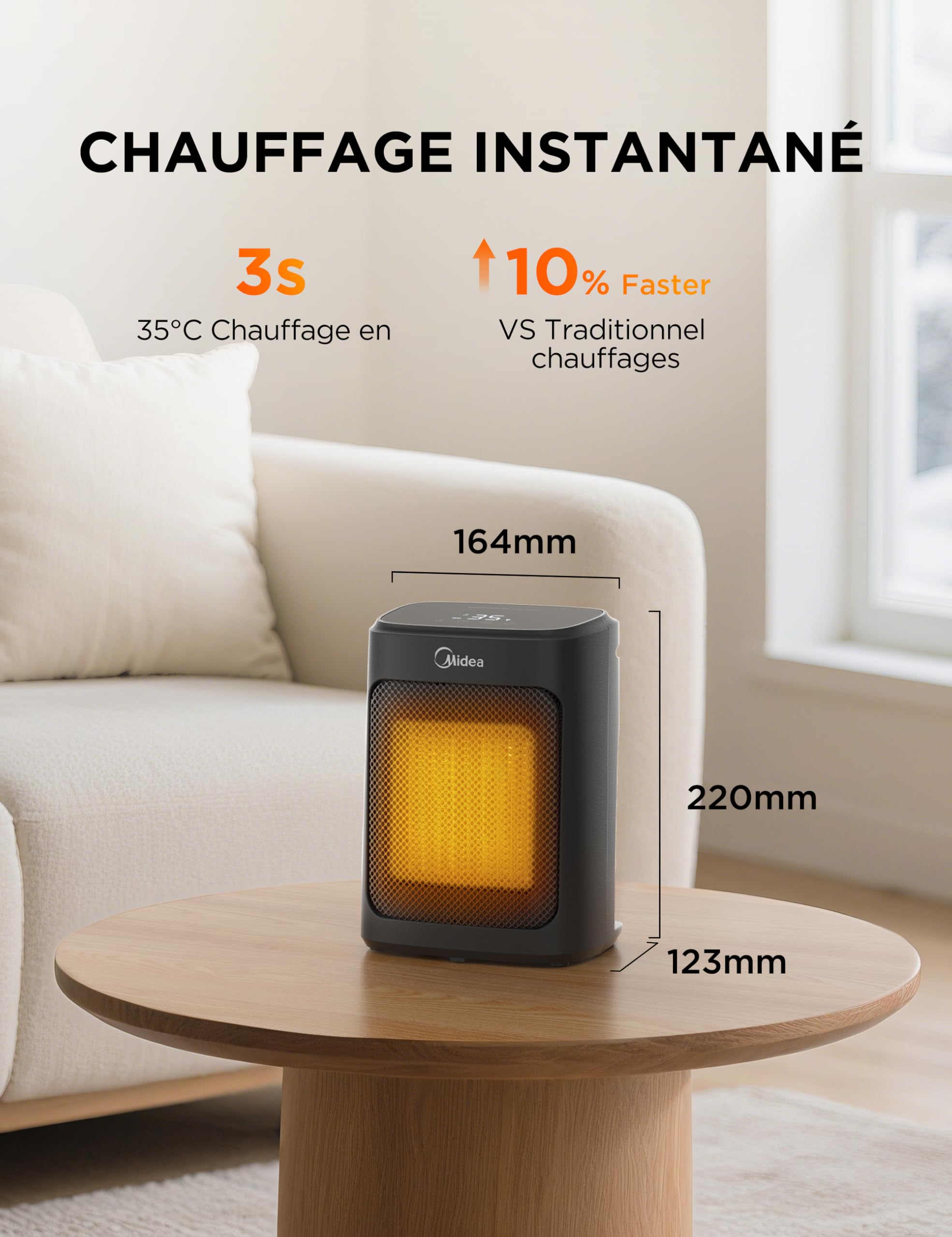 Midea Radiateur Soufflant En Céramique PTC 2000W Avec 4 Modes, Chauffage Portable, Silencieux Et Puissant, Protection Contre La Surchauffe, 5-35°C Réglable, Minuterie 1-24H, Mode Éco