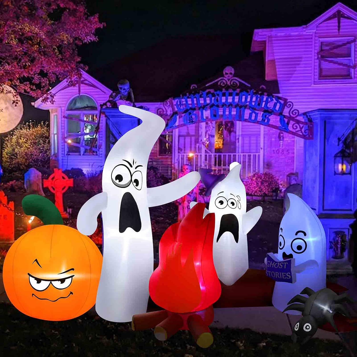 Halloween Inflatable Decorations 8 Ft Length, Ghosts Pumpkin Family Telling Scary Stories with Led for Home Yard Garden Indoor and Outdoor Decor