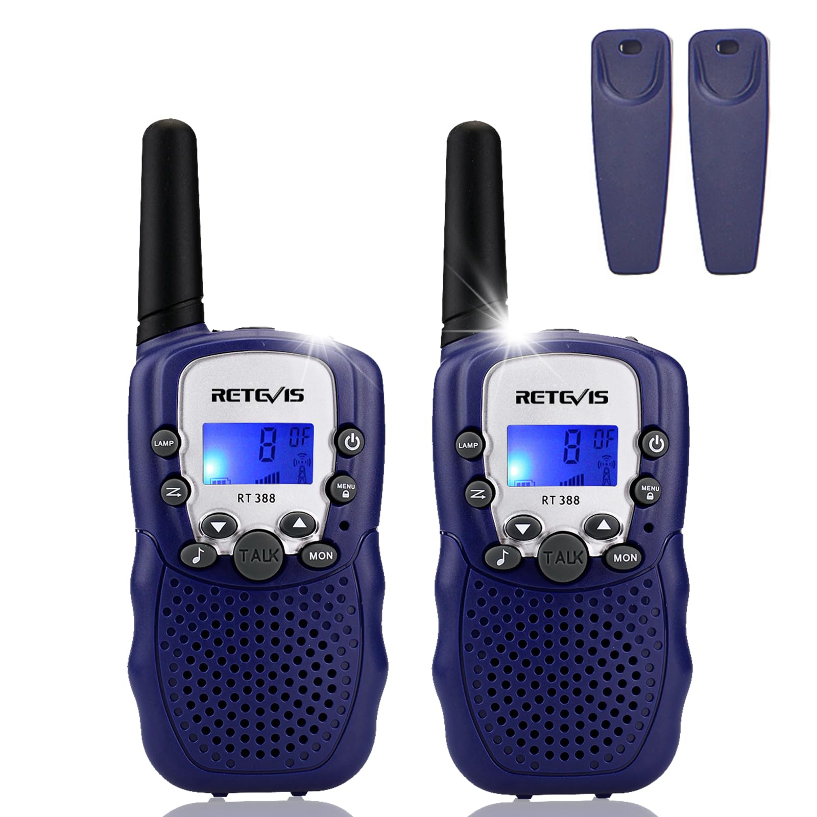 Retevis RT388 Walkie Talkie Niños PMR446 8 Canales Pantalla LCD Linterna Vox 10 Tonos de Llamada Bloqueo de Canales Talkie Walkie Juguete para Niño (Azul Oscuro, 1 Par)