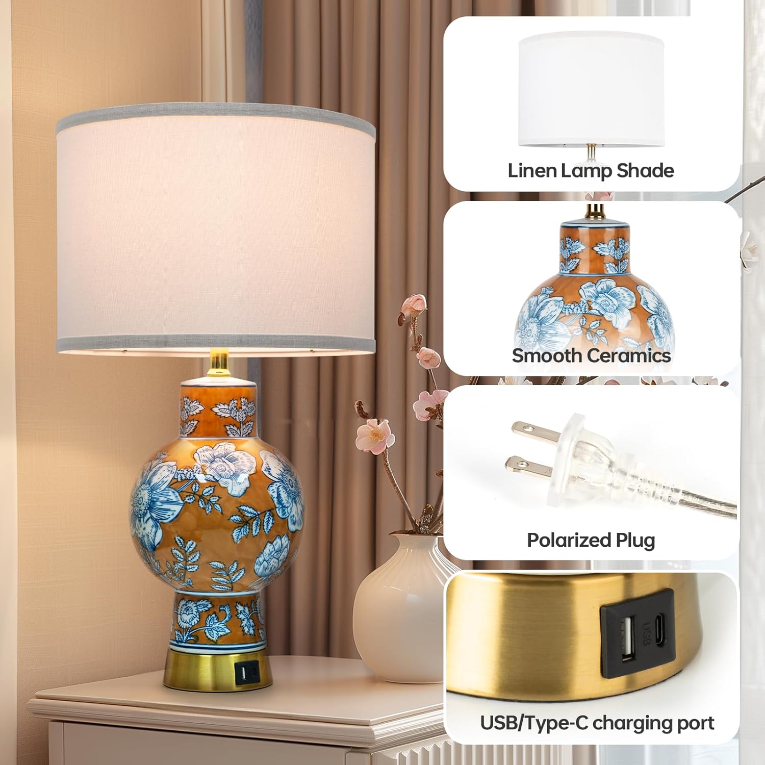 Vase-designed Table Lamp for Bedroom, Bedside Lamps for Nightstand, Minimalist Night Stand Light Lamp with Type-C and USB Ports, Classic Desk Table Lamp for Bedroom, Living Room, Dining Room, Office