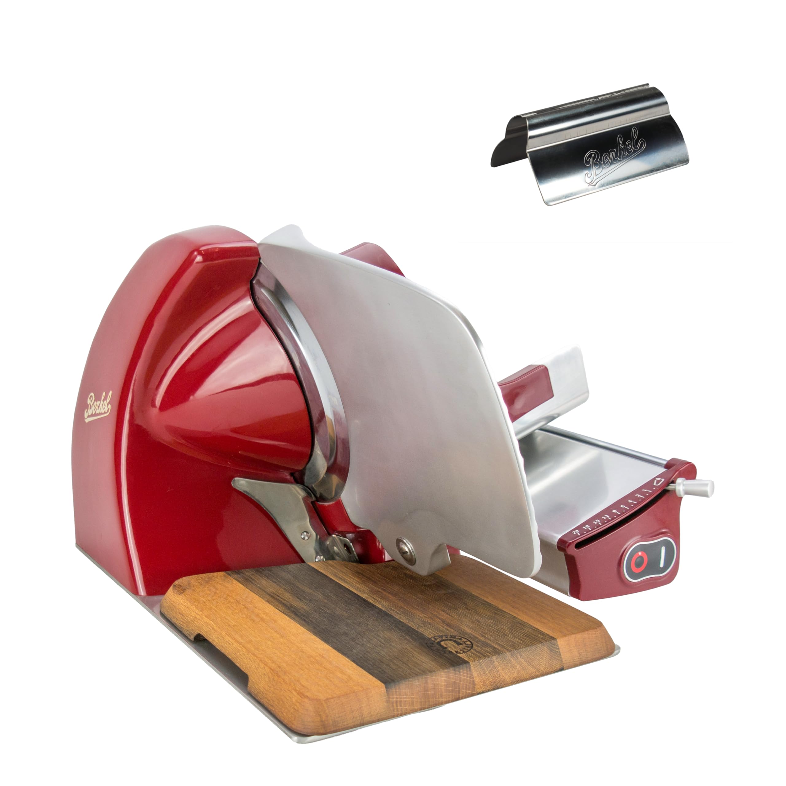 Berkel Affettatrice Home Line 250 in rosso – Affettatrice Premium con tagliere realizzato a mano in legno di barile + pinza da affettatura originale di Berkel – Offerta speciale