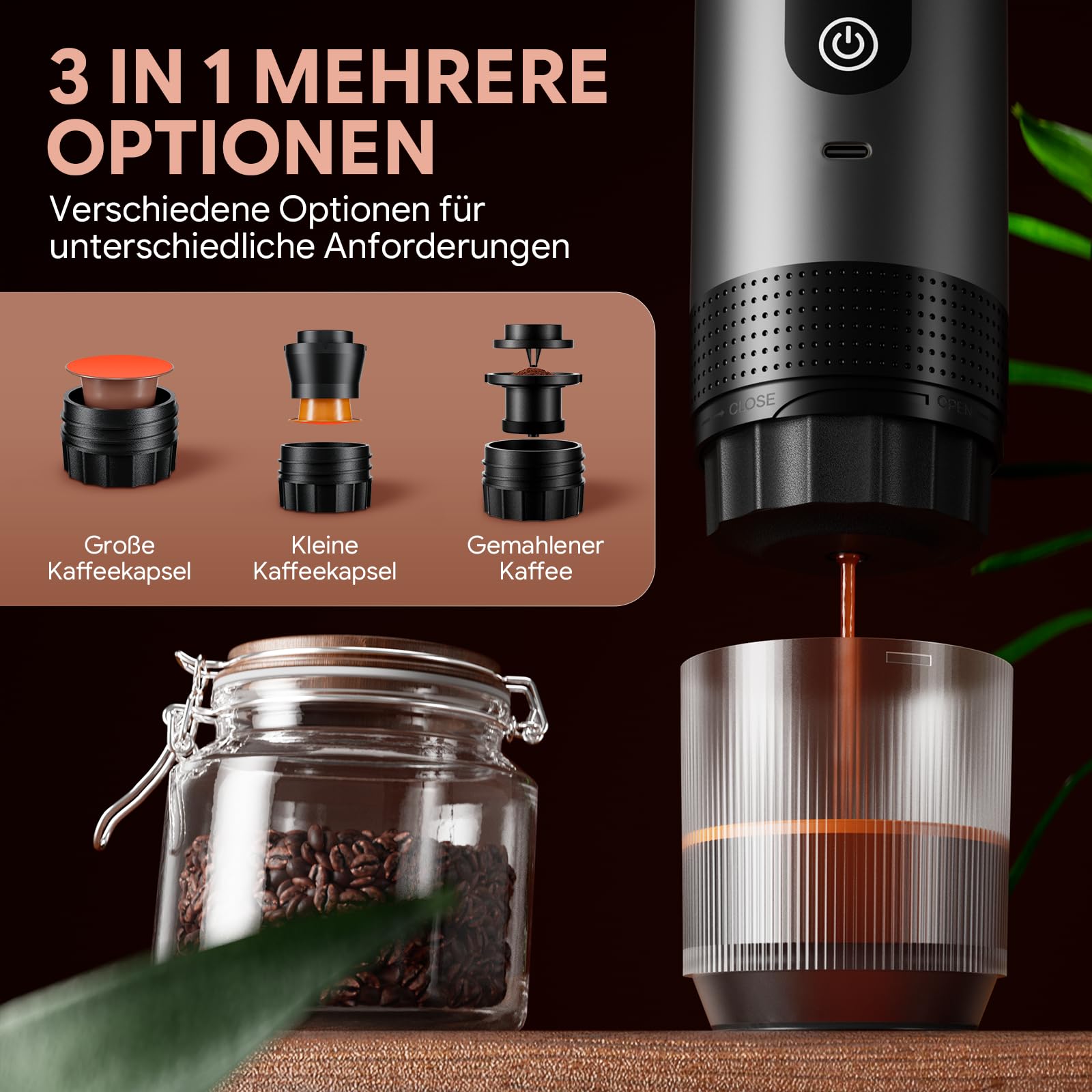 kejector Máquina de Espresso Portátil con Batería, Cafetera Espresso Portátil, Nano Cafetera Automática 3 en 1 para Café Molido y Cápsulas, Ideal para Viajes, Camping, Senderismo y Autocaravana