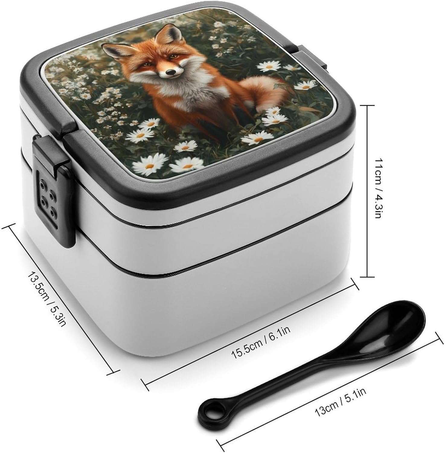 Wildlife Fox Bento Box with Spoon 2 Layer Food Container Cute Lunch Box for Travel Dining Work