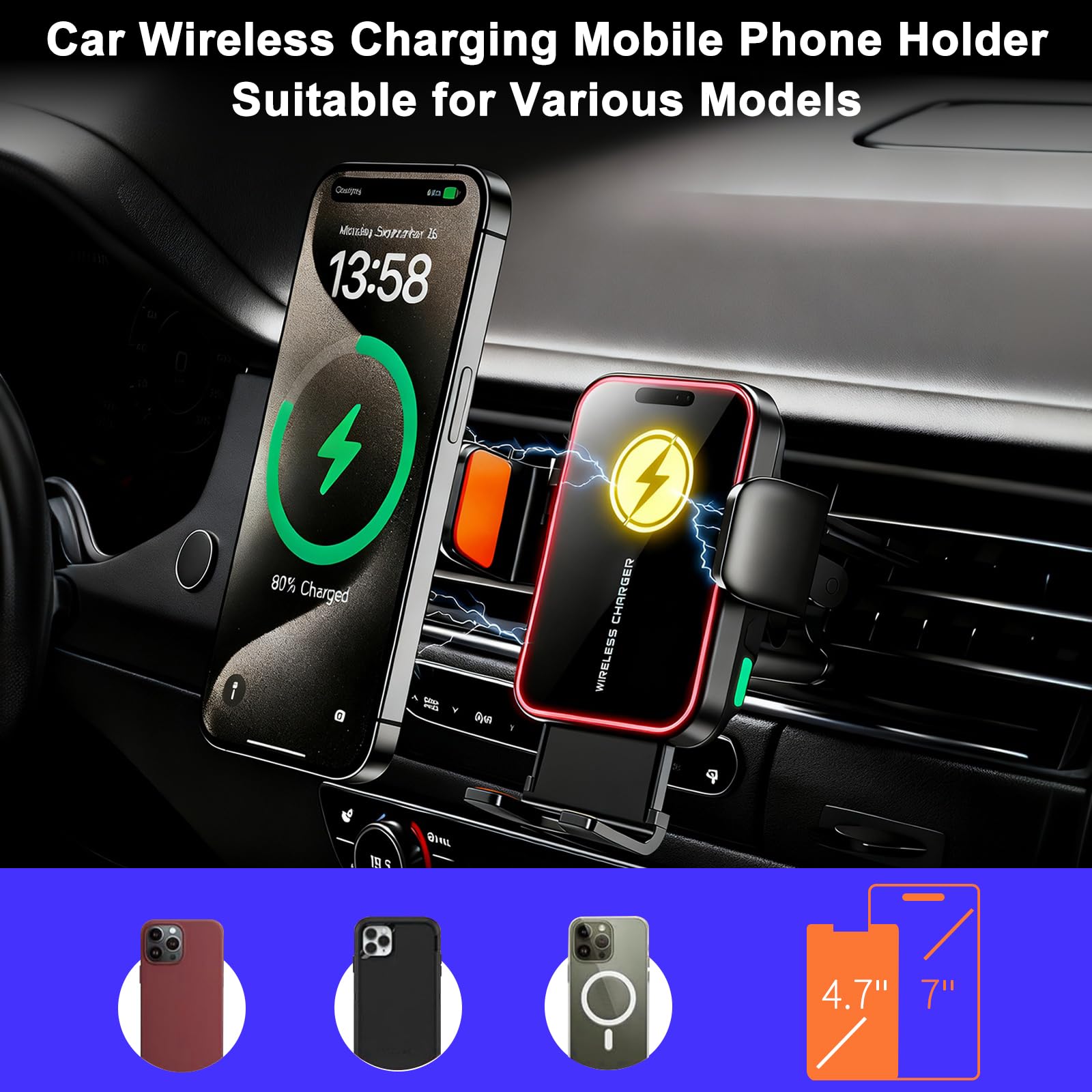 Supporto per cellulare da auto da 15 W, con funzione di ricarica, morsetto automatico, touch, ricarica induttiva, luce RGB, rotazione a 360°, caricatore rapido