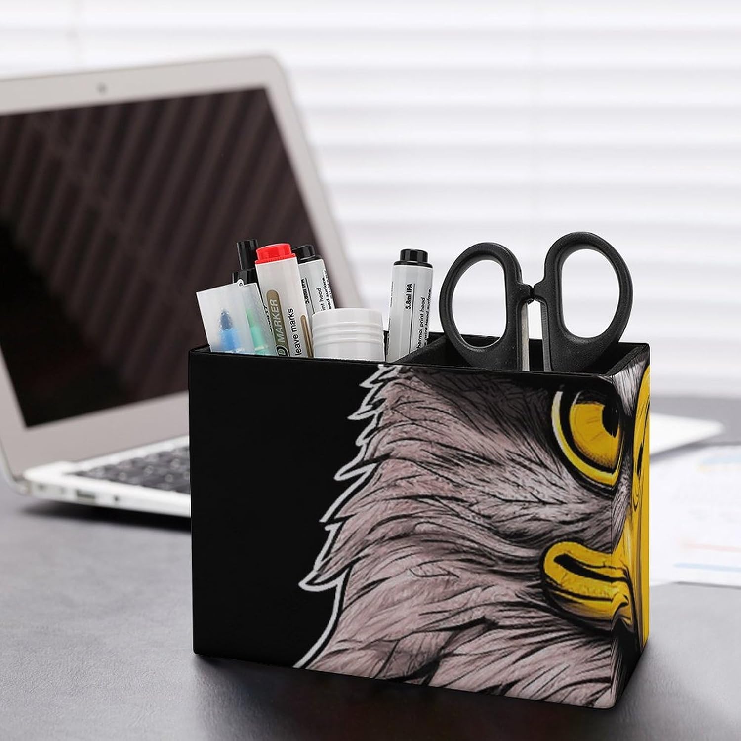 Leather Square Color Simple Cool Eagle Printed Pen Container Desktop Decoration Storage Accessories, Double Compartment Pen Container Ideal for Home Offices image 5