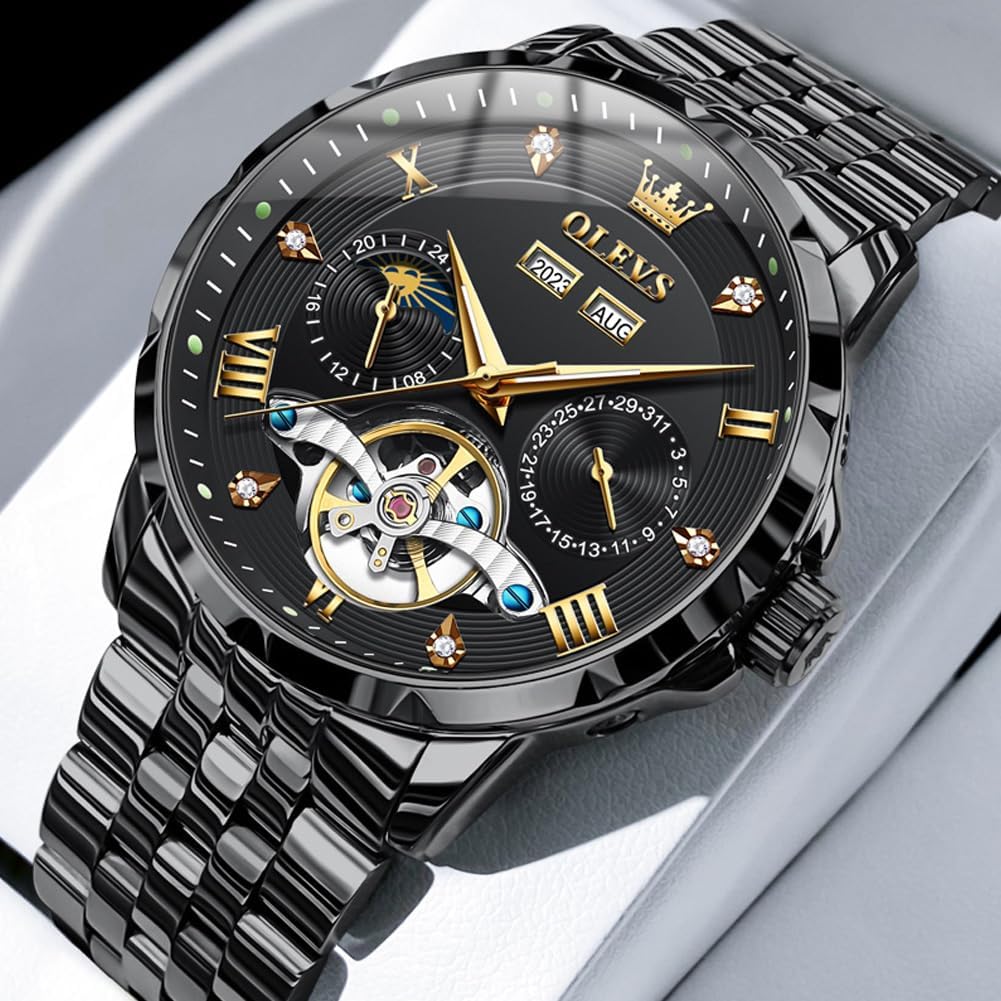 OLEVS Automatic Watches for Men Self Winding Mechanical Skeleton Luxury Dress Stainless Steel Diamond Men Wrist Watches - Image 4