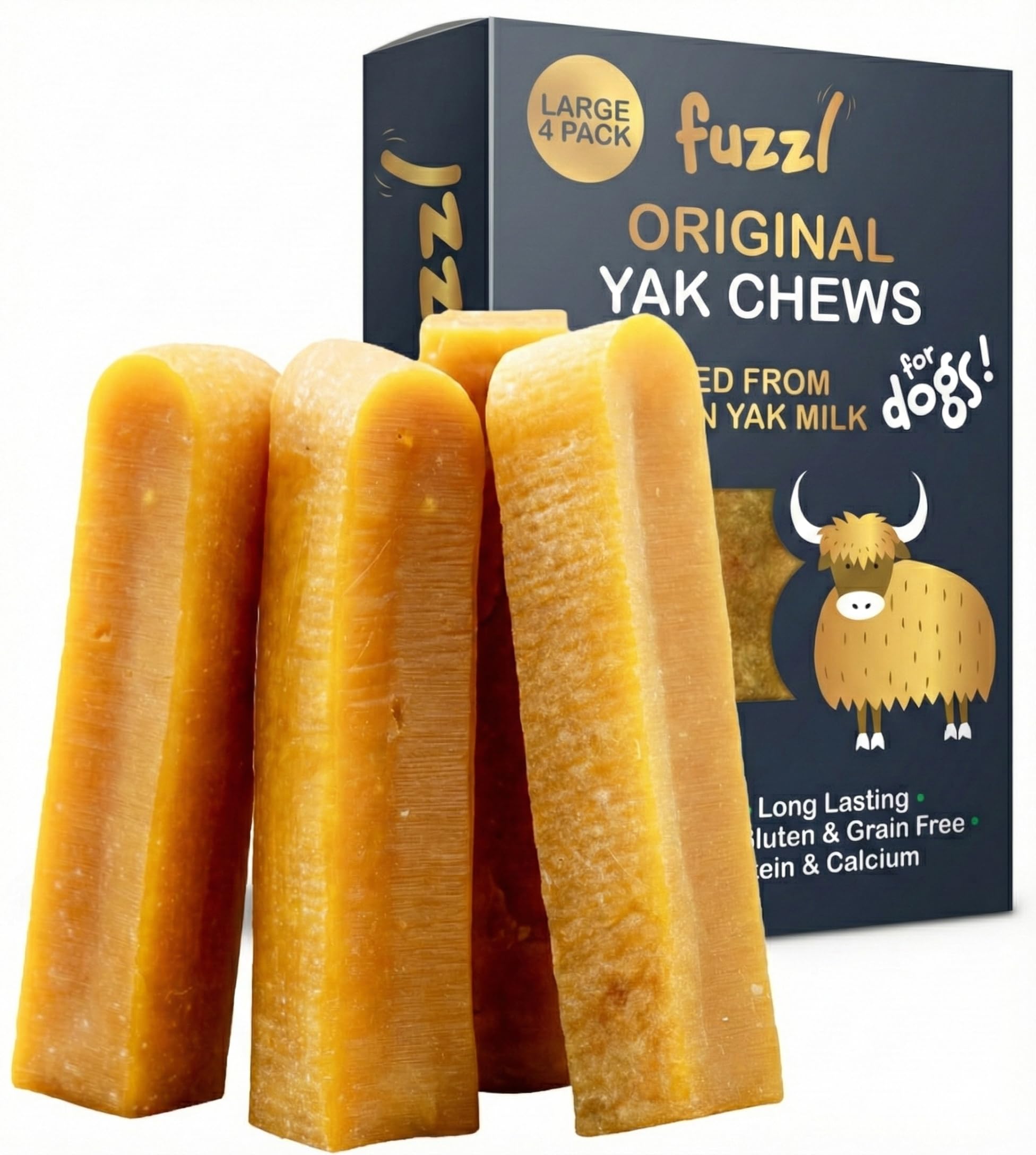 Fuzzl Gold Himalayan Yak Cheese Dog Chews | Large 4-Pack 0.5kg | Long Lasting Natural Dog Treats for Large Dogs | 100% Rawhide Free, Grain Free & High Protein | Traditional Original Recipe