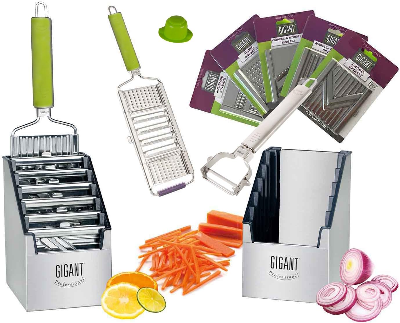 Muxel's mega set vegetable slicer (quadruple slicer) with 5 additional inserts in the practical multi-box Green
