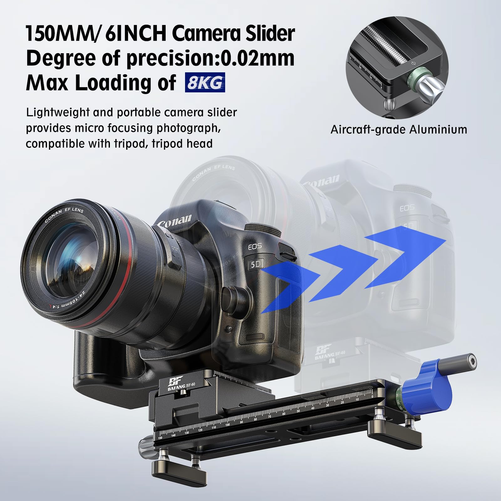 Slider per fotocamera, 150 mm/5,9 pollici, con piastra a sgancio rapido e manovella, cursore macro focus per una fotografia precisa e macro, carico massimo 8 kg