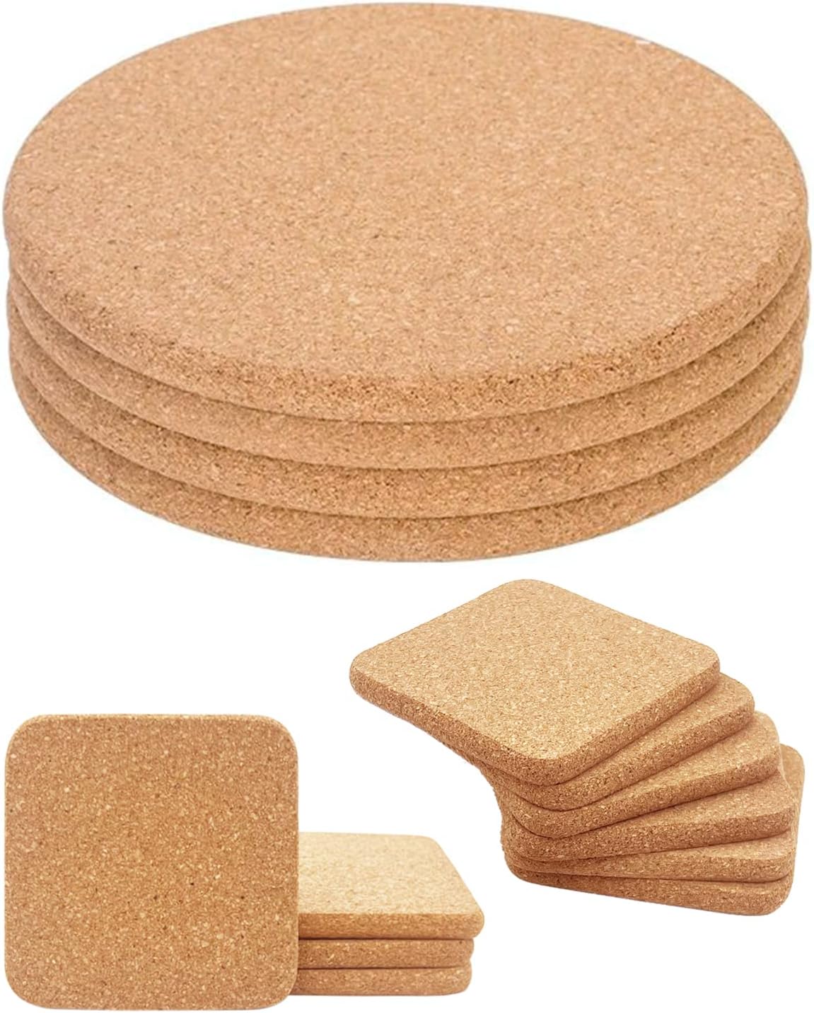 4 Pack 8 Inch High Density Thick Cork Trivets for Hot Dishes and Hot Pots & 8 Pcs Cork Coasters for Drinks, Square Extra Thick Absorbent Cork Coaster Sets
