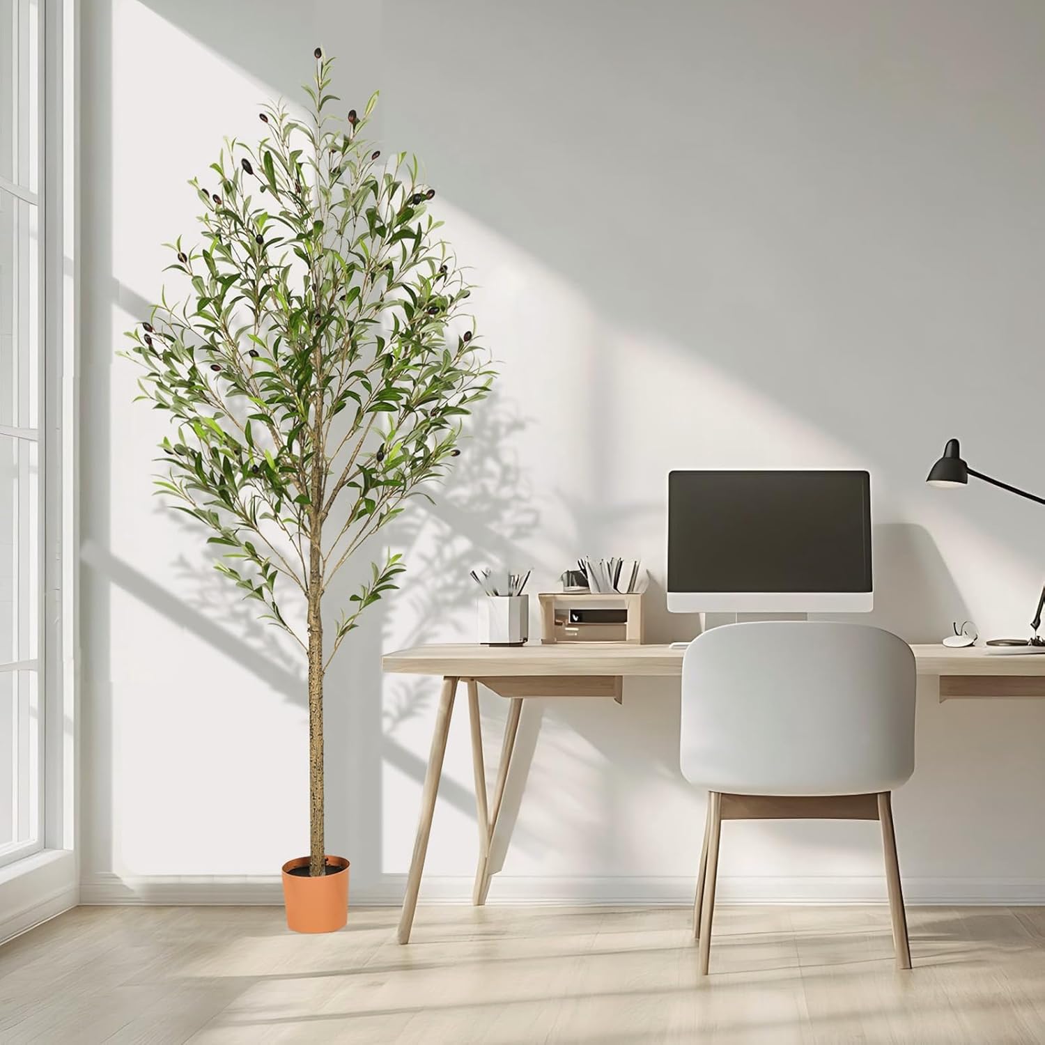 6FT Artificial Olive Tree Indoor Tall Realistic Faux Olive Tree with Plastic Planter, Fake Silk Tree with Handcrafted Branches & Fruits, Large Fake Plant for Home and Office Decor (6FT)