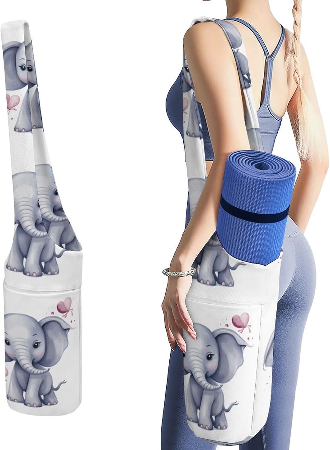 Cute Elephant Yoga Mat Bag, Durable Canvas Yoga Mat Storage Bag with Water Bottle Pocket And Bottom Wet Bag, Fits Most Size Yoga Mats