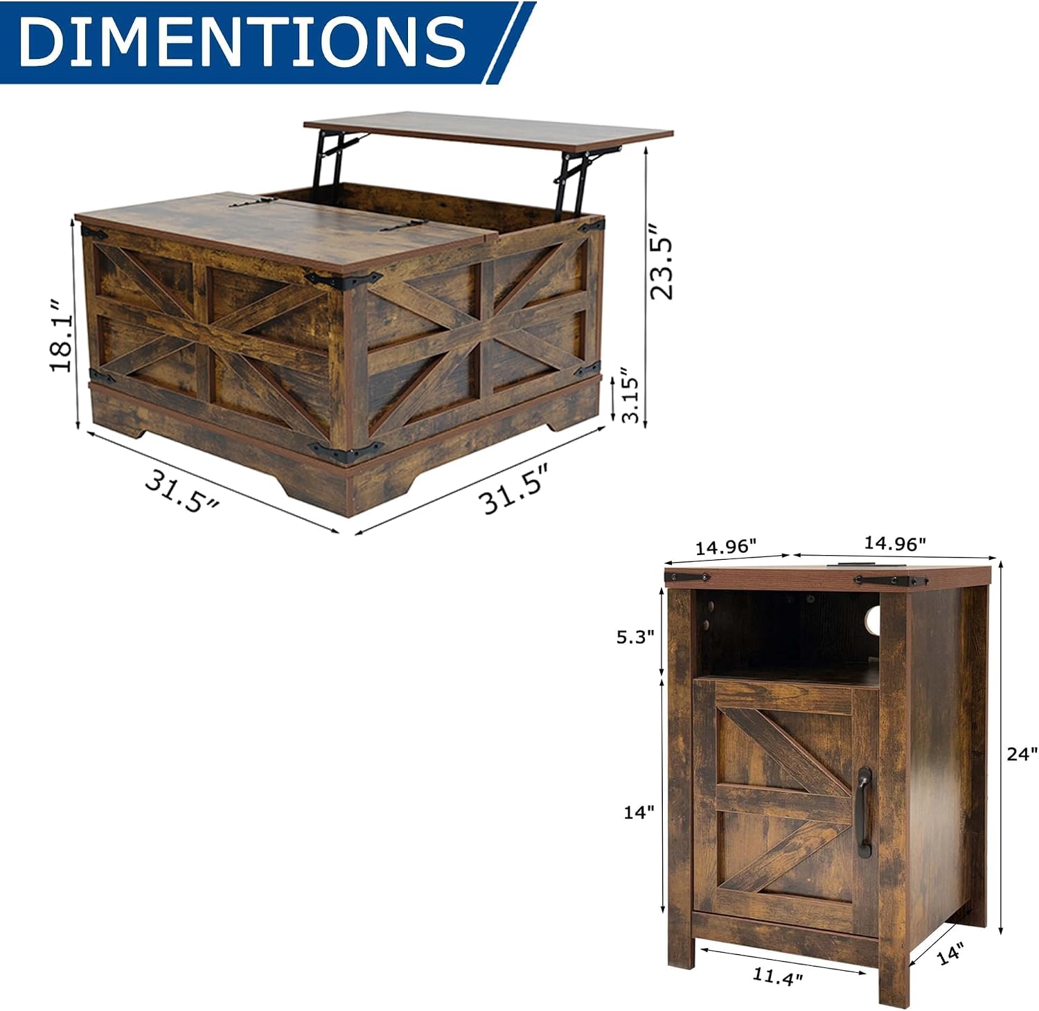 Farmhouse Coffee Table and End Table Sets of 3, 3 Piece Living Room Tables Set with Charging Station, Lift Top Coffees and 2 Nighstand, Wood Furniture Sets with Storage, Brown