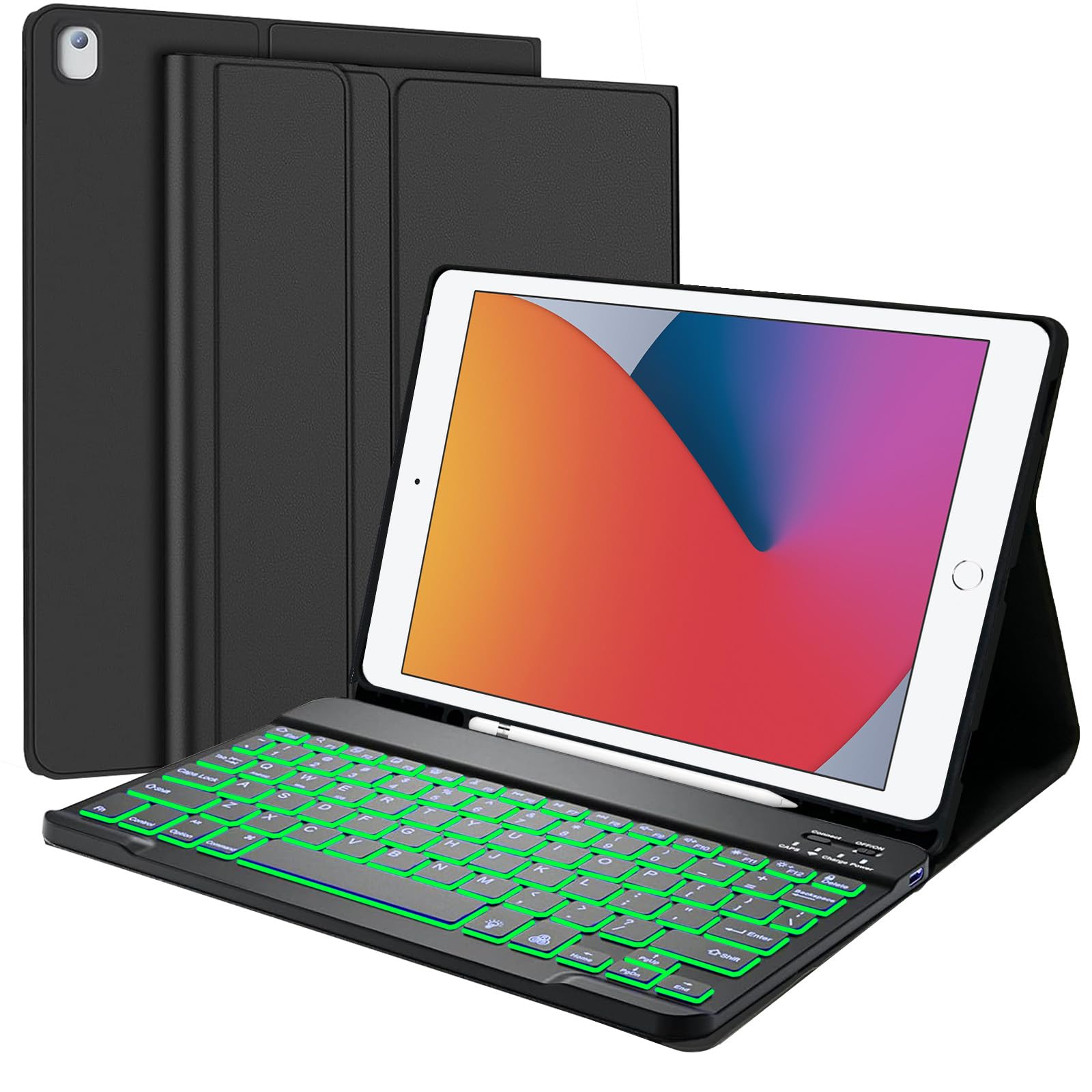 for iPad Pro 12.9 Case with Keyboard, Compatible with 12.9-inch iPad Pro 2017 2nd Gen, 2015 1st Gen- 7 Colors Backlit, Detachable Wireless Keyboard, Smart Folio Cover with Pencil Holder, Black