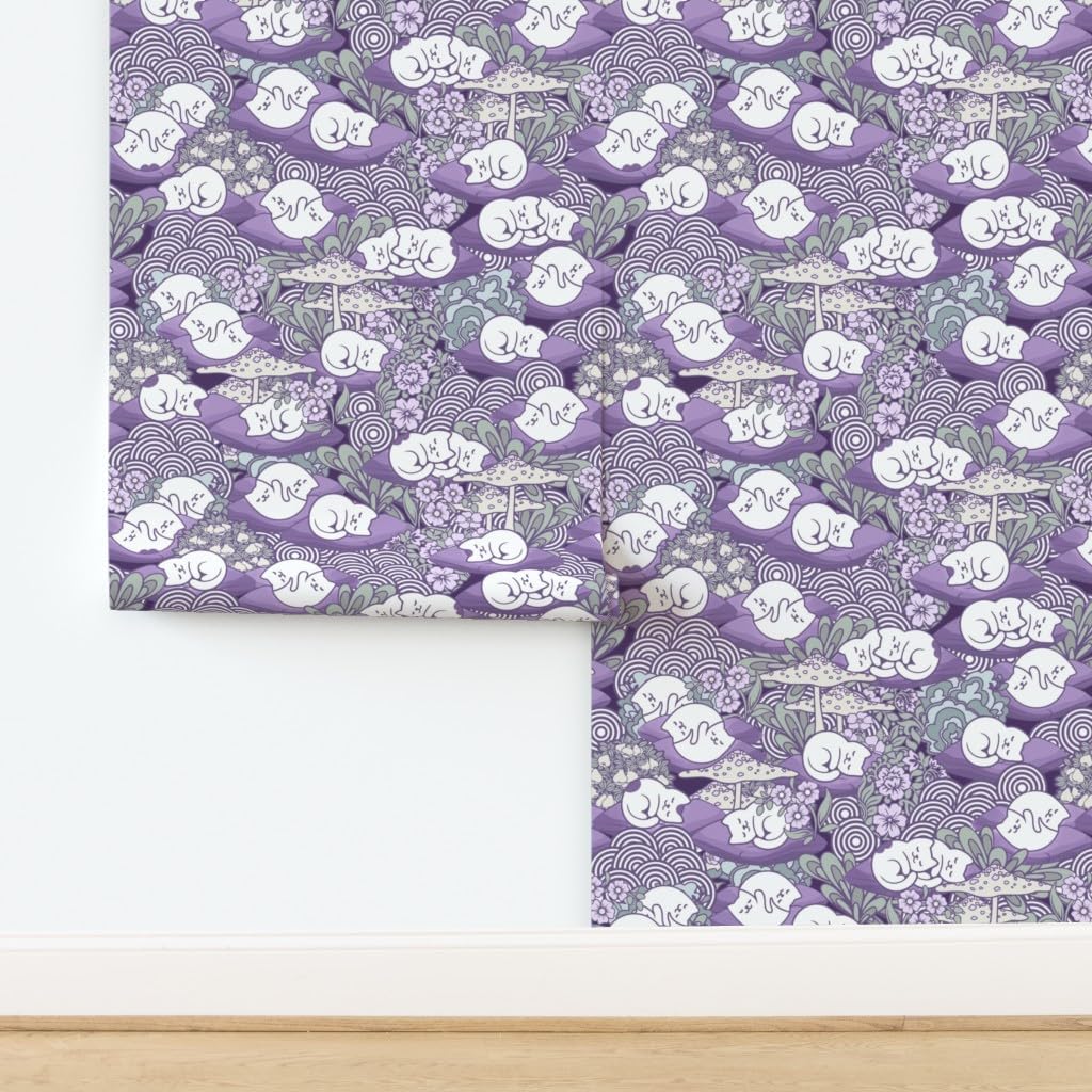Peel & Stick Wallpaper 3ft x 2ft - Sleeping Cats Whimsical Purple Gray Toadstools Kawaii Kittens Custom Removable Wallpaper by Spoonflower