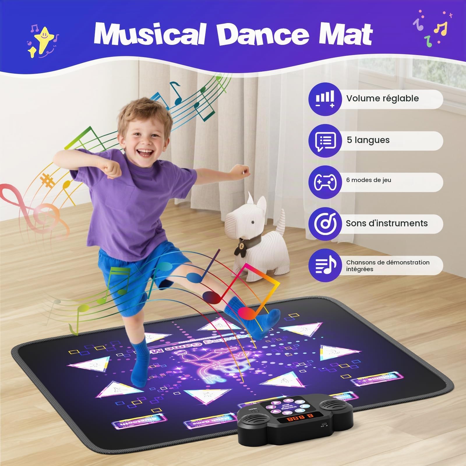 Tapis de Danse pour Enfants,8 Flèches de Lumière LED Musique Pad de Danse Musical avec 6 Modes de Jeu, batterie rechargeable , Jouet Cadeau d'anniversaire de Noël pour Garçons Filles de 3 à 12 Ans