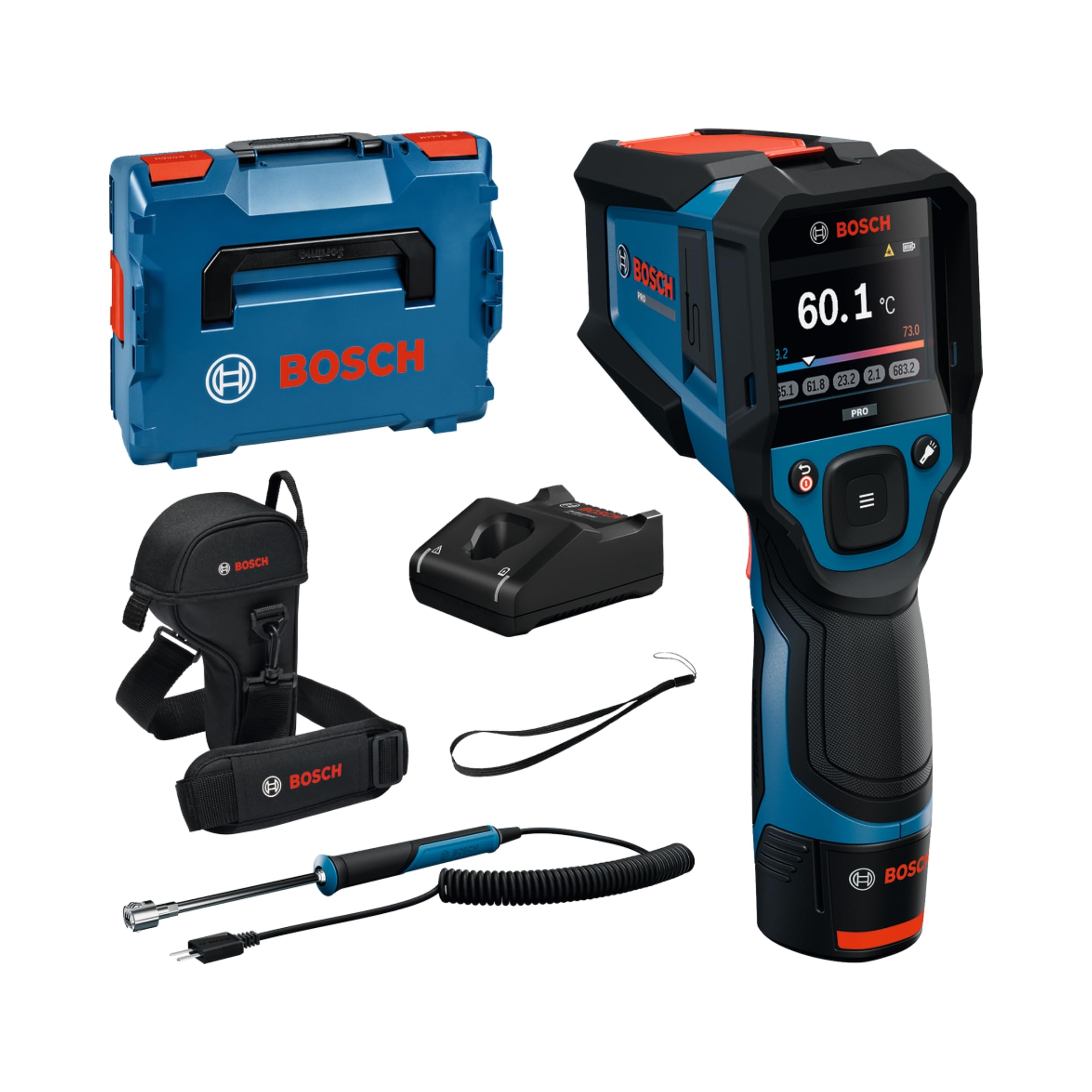 Bosch PRO Termometro a Infrarossi GIS12V‑800‑16 (grande display, interfaccia Tipo K con sonda di superficie, rapporto 20:1, IP54, incl. batteria e caricabatteria)