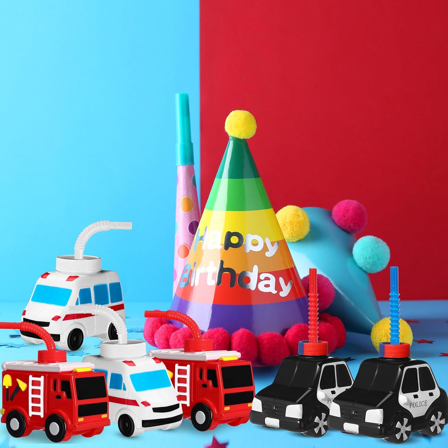 Tanlade 24 Set Truck Traffic Vehicle Cups with Straws Community Helpers Cups Reusable Plastic Traffic Vehicle Cup Firefighter Ambulance Police Car for Birthday Firefighter Party Favor