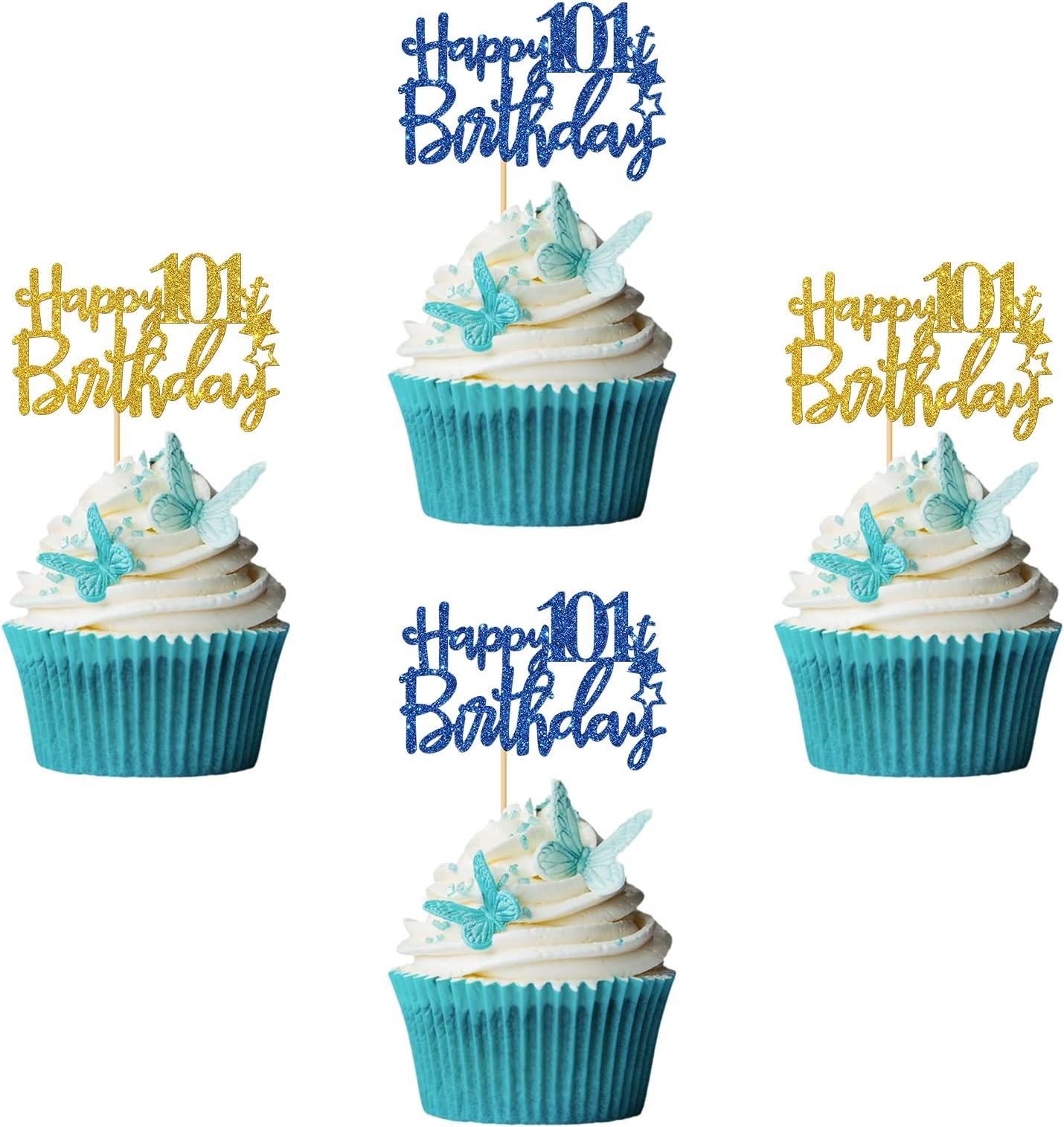 RoadSea Happy 101st Birthday Cupcake Toppers - Adult Women Men 101 Years Old Birthday Cupcake Supplies - 101st Birthday Party Decorations - 24 PCS Blue & Gold Glitter (101st)