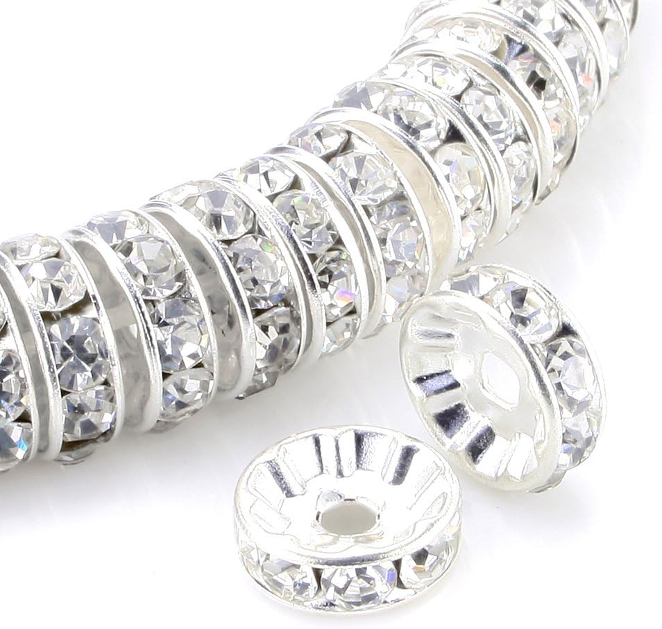100 Pcs Crystal Rondelle Spacer Bead Silver Plated 8mm Crystal White (001)