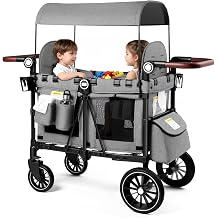 Kinder King Wagon Stroller for 2 Kids, All-Terrain Foldable Outdoor Stroller Wagon 2 Seater, Removable Canopy, Adjustable Handle, Shock-Absorbing Wheel, Detachable Tray, Large Storage, Grey