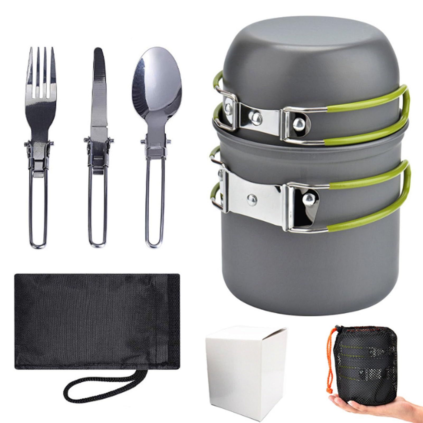 Beauenty Complete Camping Kit With Tableware, Portable Utensils With Thermally Insulated Handle, Cookware for Hiking, Picnics (Green)