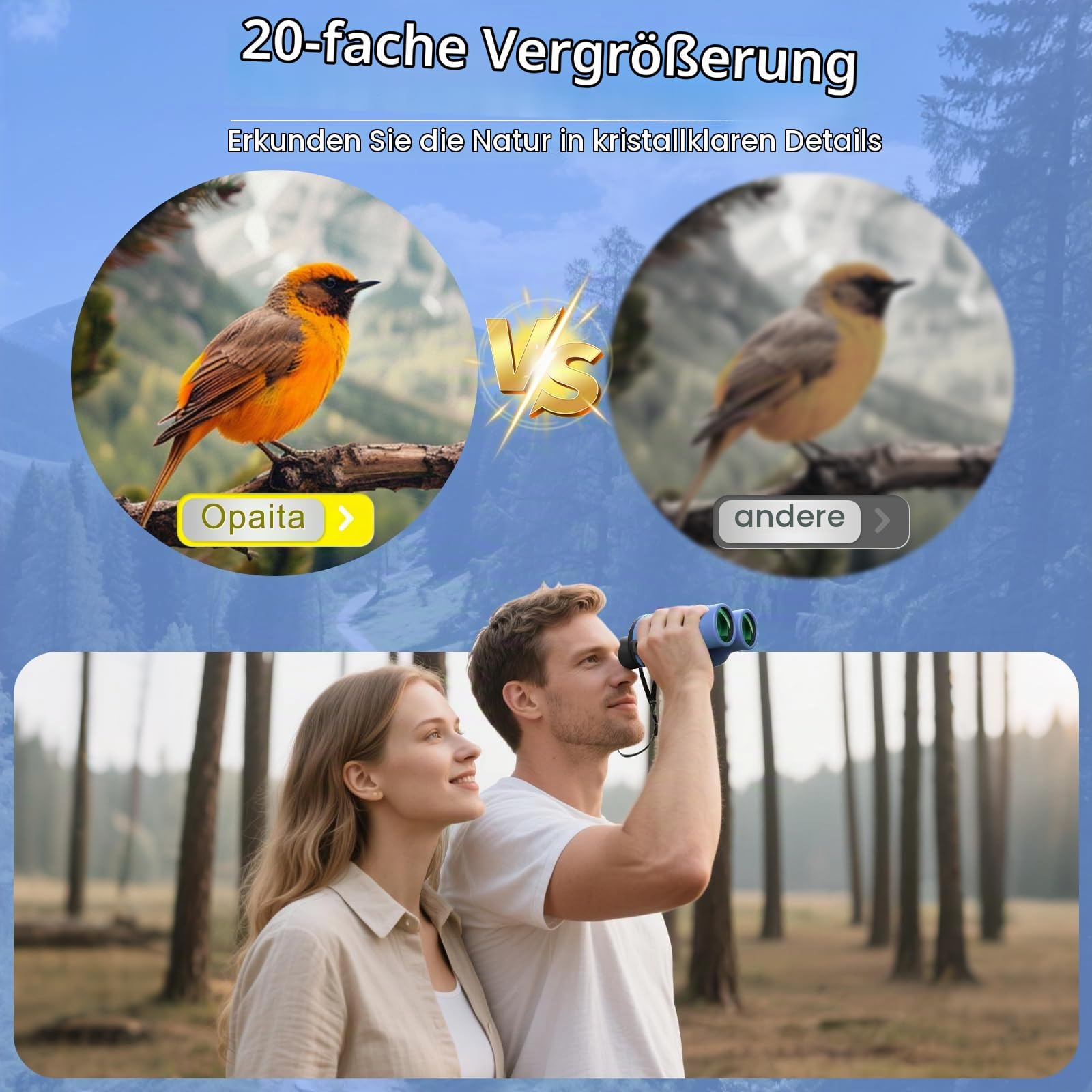 Kompaktes 20x32 Hochleistungsfernglas für Erwachsene und Kinder, mit Sicht bei schwachem Licht, ideal für Jagd, Kreuzfahrten, Reisen, Konzerte und Wandern, blau