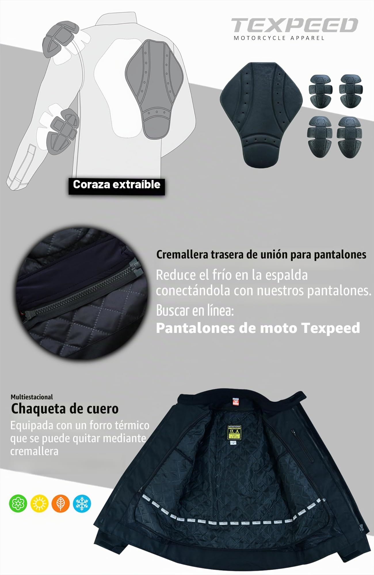 Texpeed Chaqueta de moto de cuero para hombre - Chaqueta de moto Touring con protección de armadura auténtica Biker CE (EN 1621-1) Diseño con costuras acolchadas - Negro - L