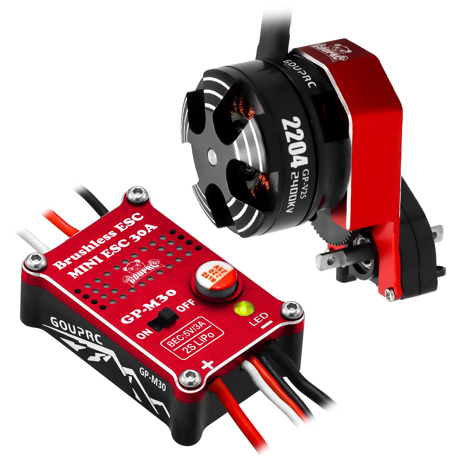 GOUPRC 2204 2400KV Brushless Outrunner Motor with Transmission & 30A Brushless Mini Esc for SCX24 Axial 1/24 Remote Control Car Truck Crawler Black & Red