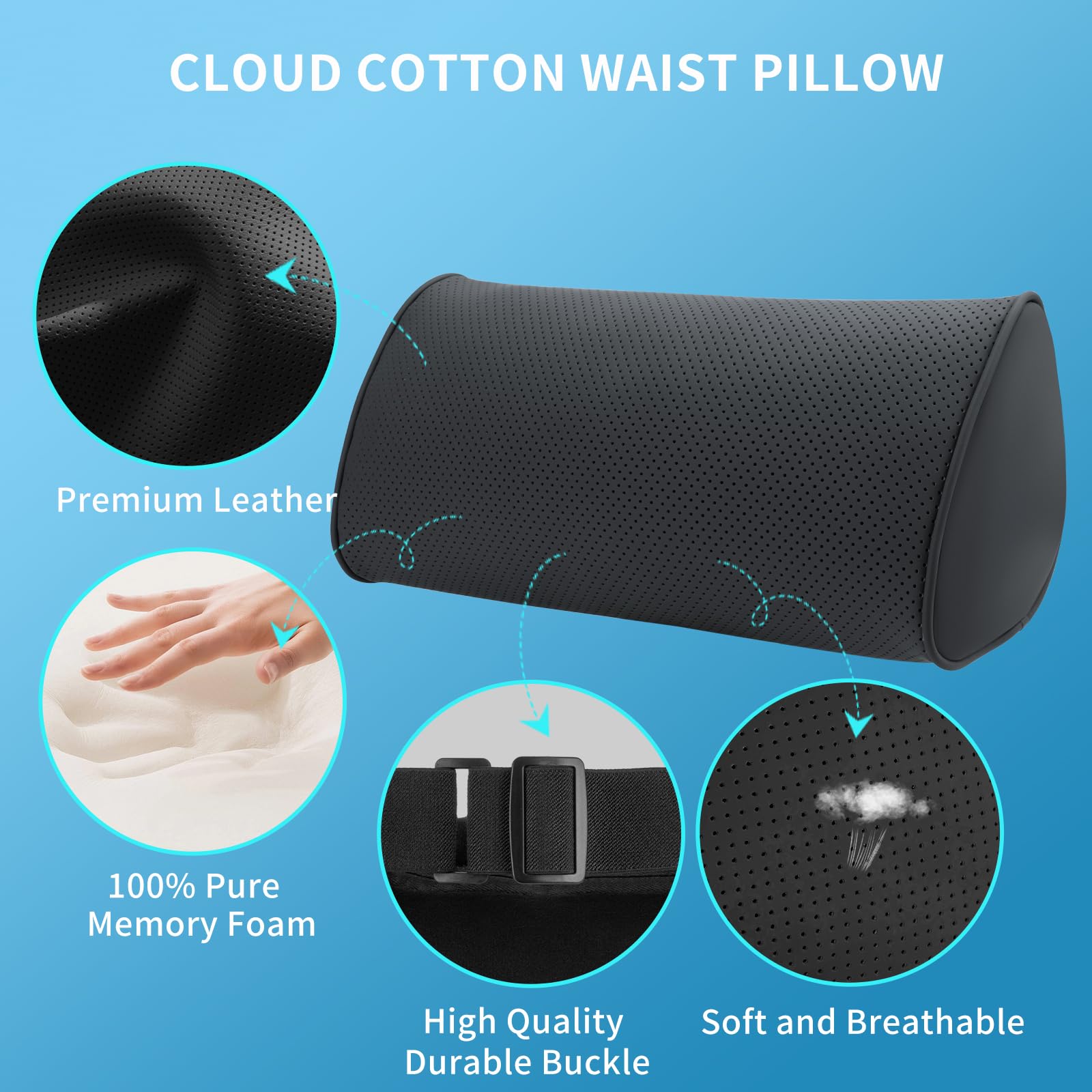 Lendenkissen Auto, Rückenkissen Leder, Ergonomische Lordosenstütze mit Memory Foam, Lendenwirbelkissen für Auto Bürostuhl Unterwegs und Zuhause, Schwarz, 1 Stück