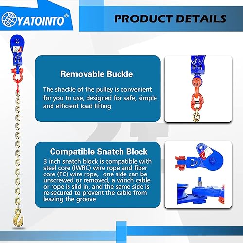 Miniatura 3 de Bloque de arranque 2T con cadena, bloque de arrebatamiento de una sola polea de 3 pulgadas con grillete giratorio, polea de arranque de cadena G80