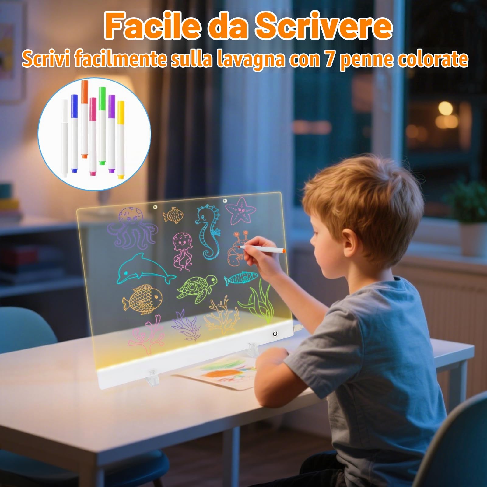 Lavagnetta in Acrilico con Luci a LED, 30x20cm Lavagna Luminosa per Disegnare, 5 modalità e 6 Colori Tavoletta Grafica, Lavagna Led, Lavagnetta in Acrilico con Luci LED per Ufficio Scuola Casa Caffè