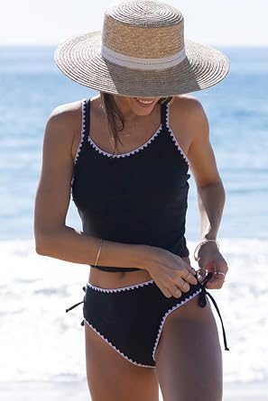 Beachsissi Women's Cute Two Piece Swimsuit White Trim Lace Up Tankini Set