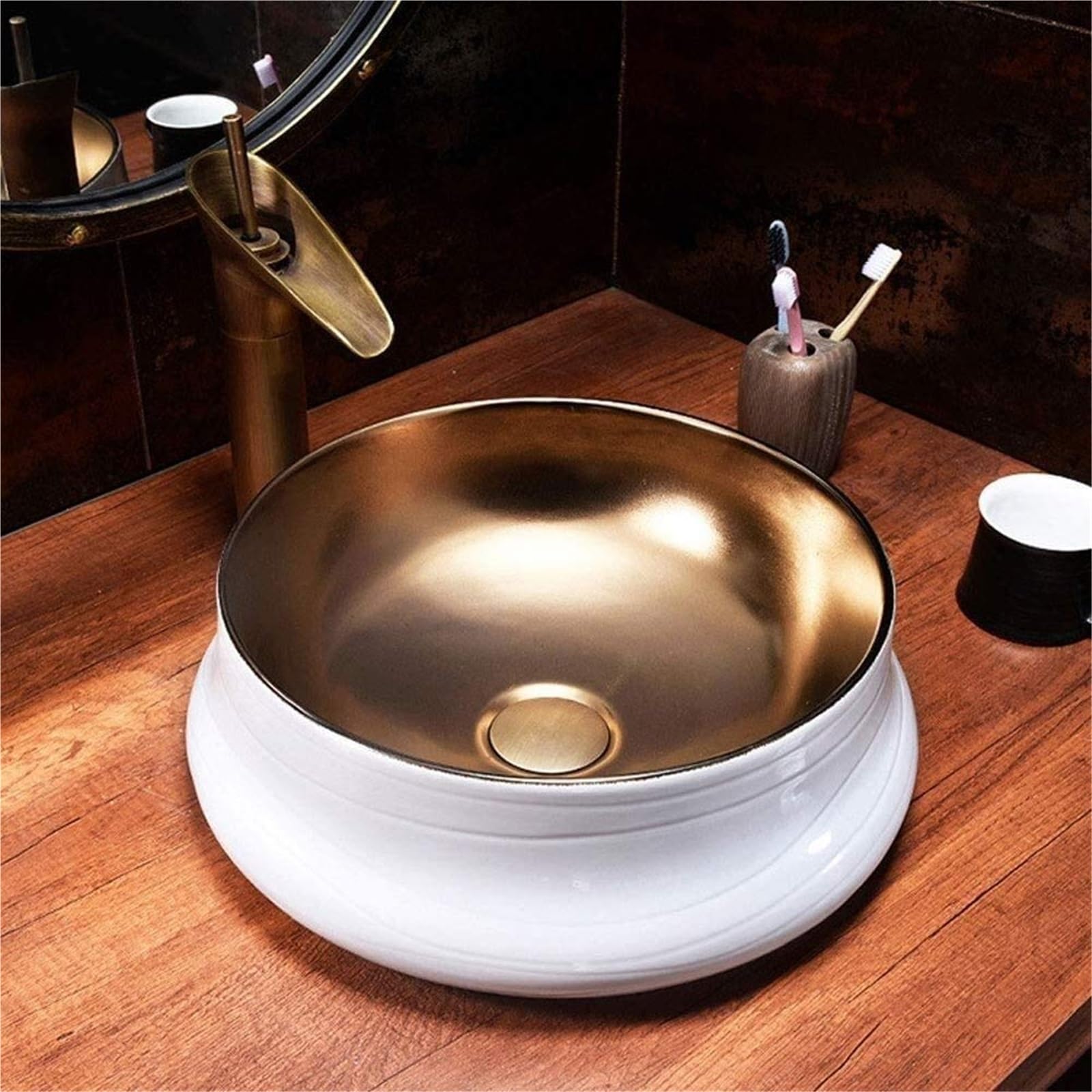 ASerZenith Bathroom Vessel Sink 11.7" Porcelain Vessel Sink Wash Basin, Bathroom Round Vessel Sinks, Above Counter White Gold Countertop Ceramic Bowl Sinks