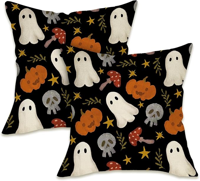 Fahrendom Halloween Spooky Ghost Decorative Throw Pillow Covers 18 x 18 Set of 2, Jack O Lantern Pumpkin Mushroom Skull Porch Patio Outdoor Pillowcase, Skeleton Couch Cushion Case Home Decor