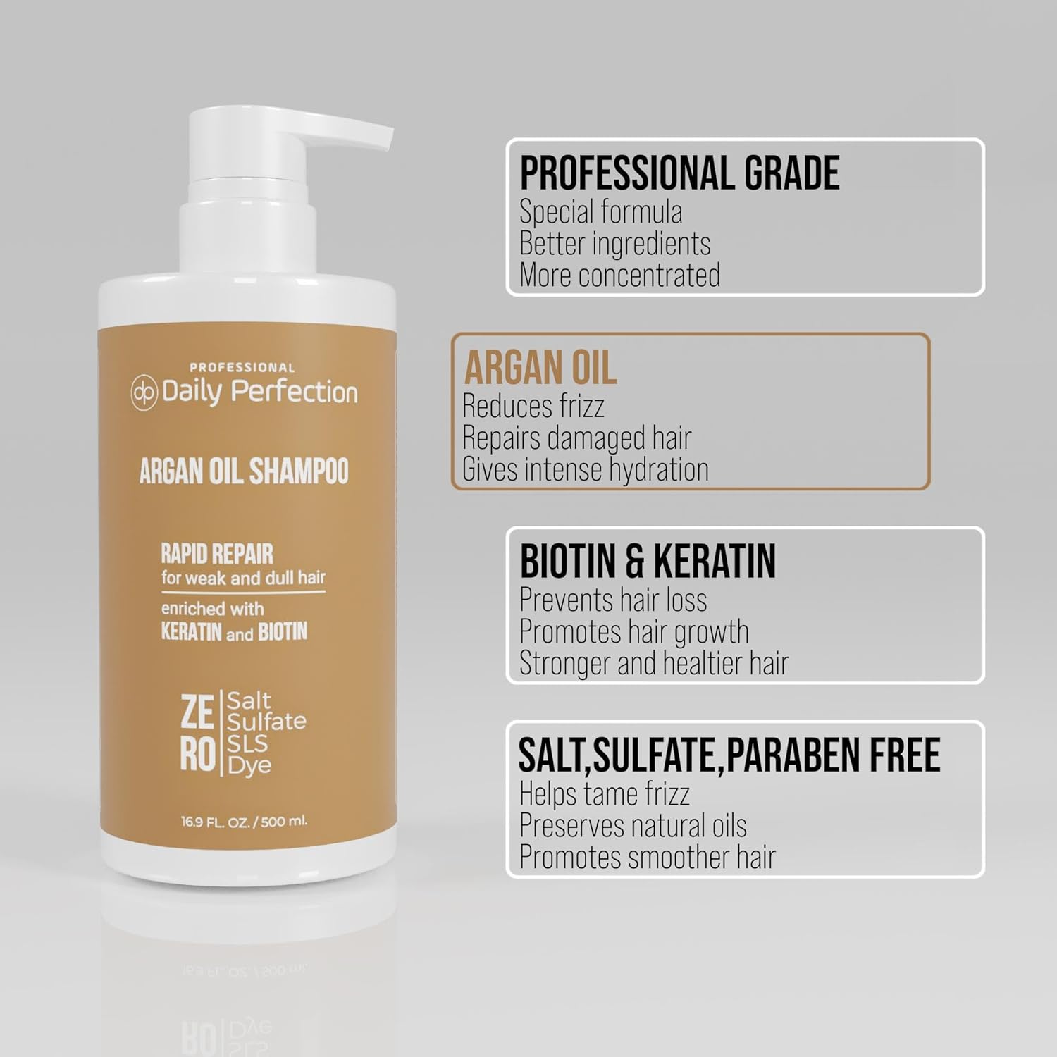 Daily Perfection Argan Oil Shampoo - Rapid Repair Cleanser with Biotin and Keratin for Weak, Dull and Damaged Hair - Salt, Sulfate and Paraben Free - 16.9 Fl Oz
