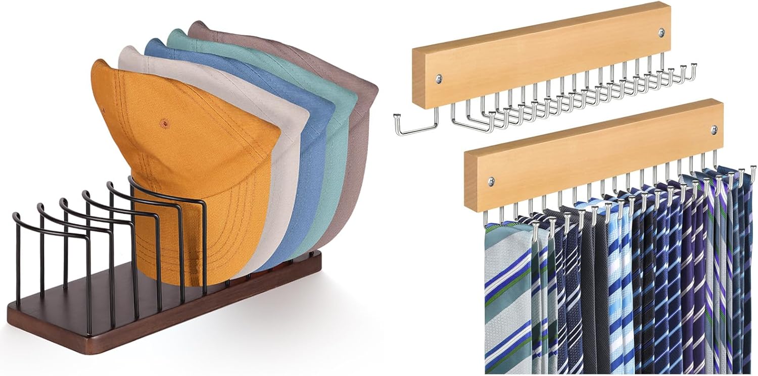 Tie Rack Belt Hanger Wall Mounted Rotating Tie Organizer for Men Closet Natural 2 Pack, Hat Storage Organizer for Baseball Caps Wooden Tabletop Hat Rack Stand Brown 1 Pack