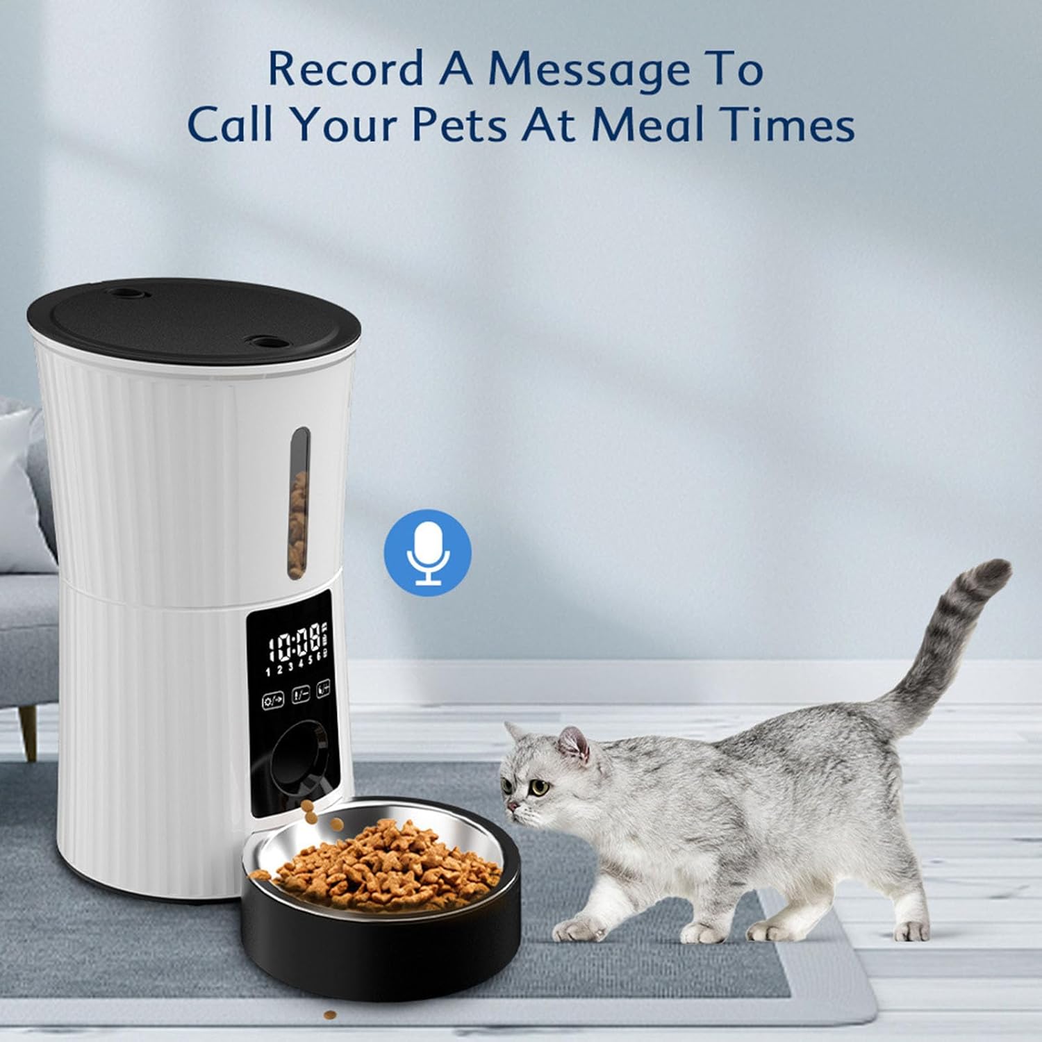 Automatic Pet Feeder, Dual Power Supply, Programmable Timer, LED Touch Screen, Recordable, Compatible with Dry Food for Cats and Dogs