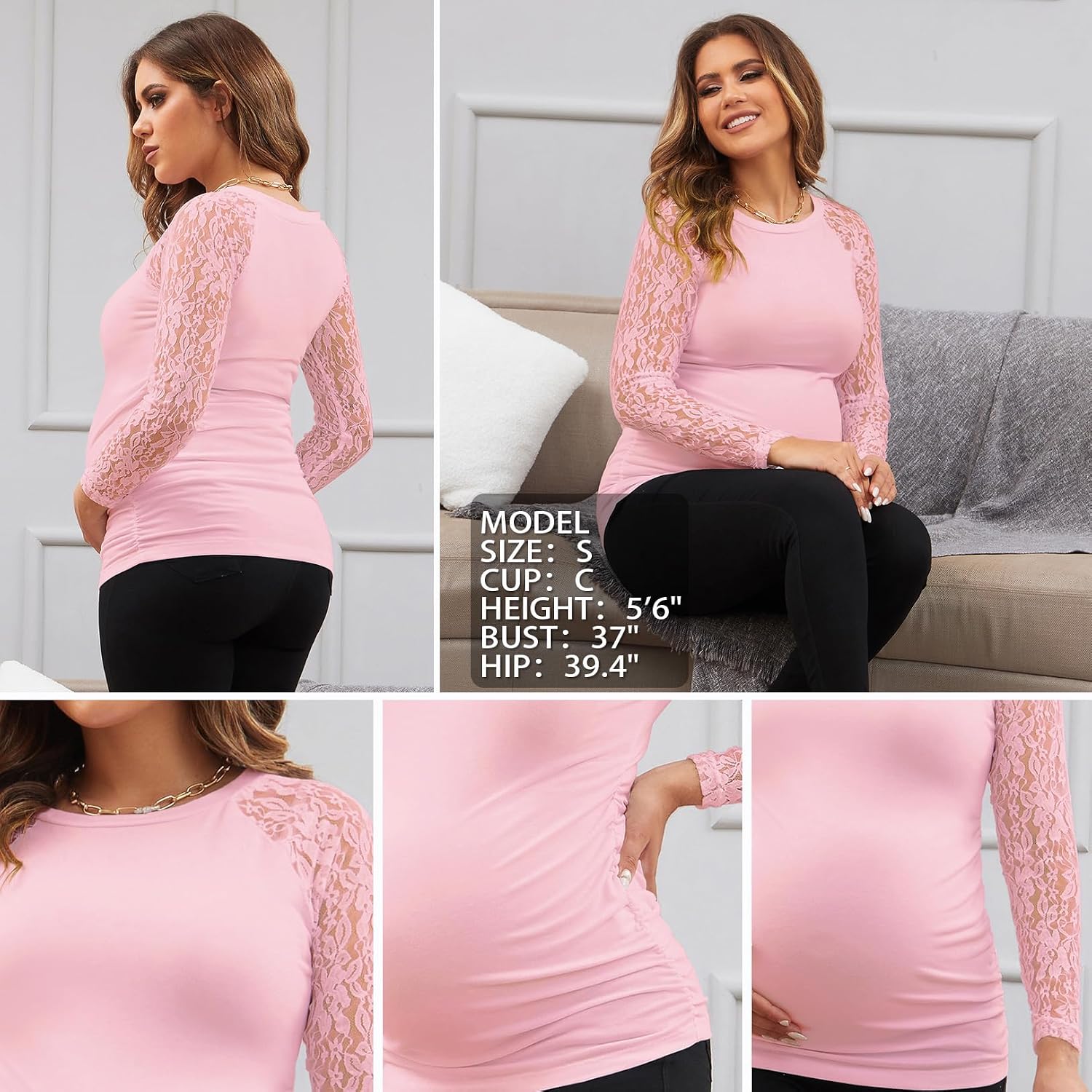 Women's Maternity Shirts Lace Long Sleeve Pregnancy Tops Tee Tunic Blouse Side Ruched Mama Clothes