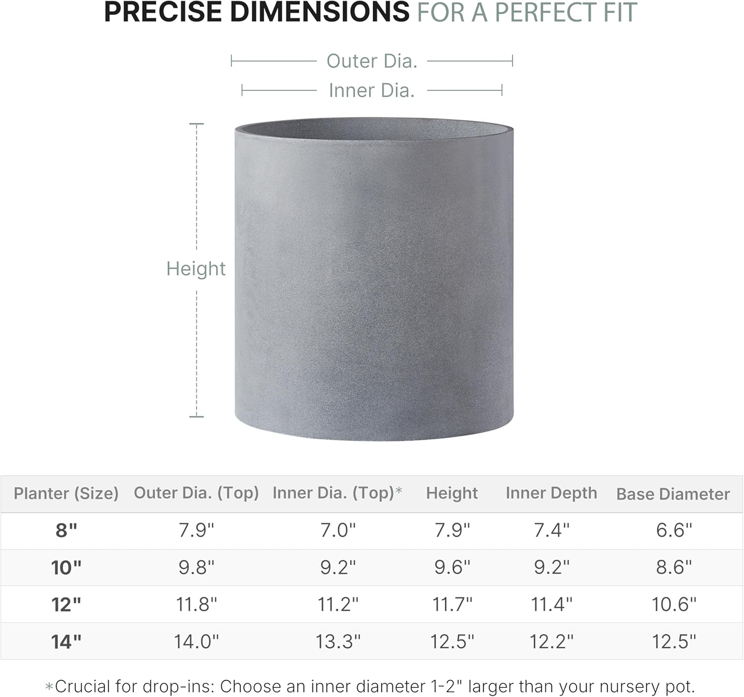 FaithLand 14 Inch Fiberstone Planter - Lightweight Modern Cylinder Plant Pot with Drainage Hole & Plug, Authentic Concrete Look, Gray