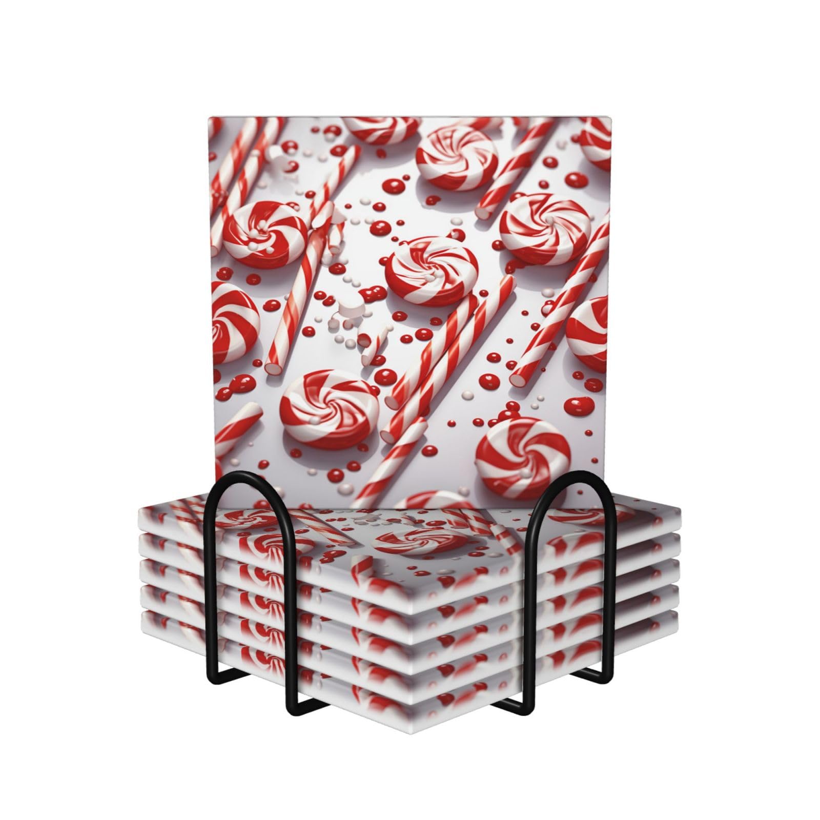 6Pcs Ceramics Coaster for Drinks, Candy Cane Cup Coasters with Holder, Aesthetic Drink Coasters for Coffee Table, Absorbent Round Coaster for Tabletop Protection 4" Cup Mat Pad