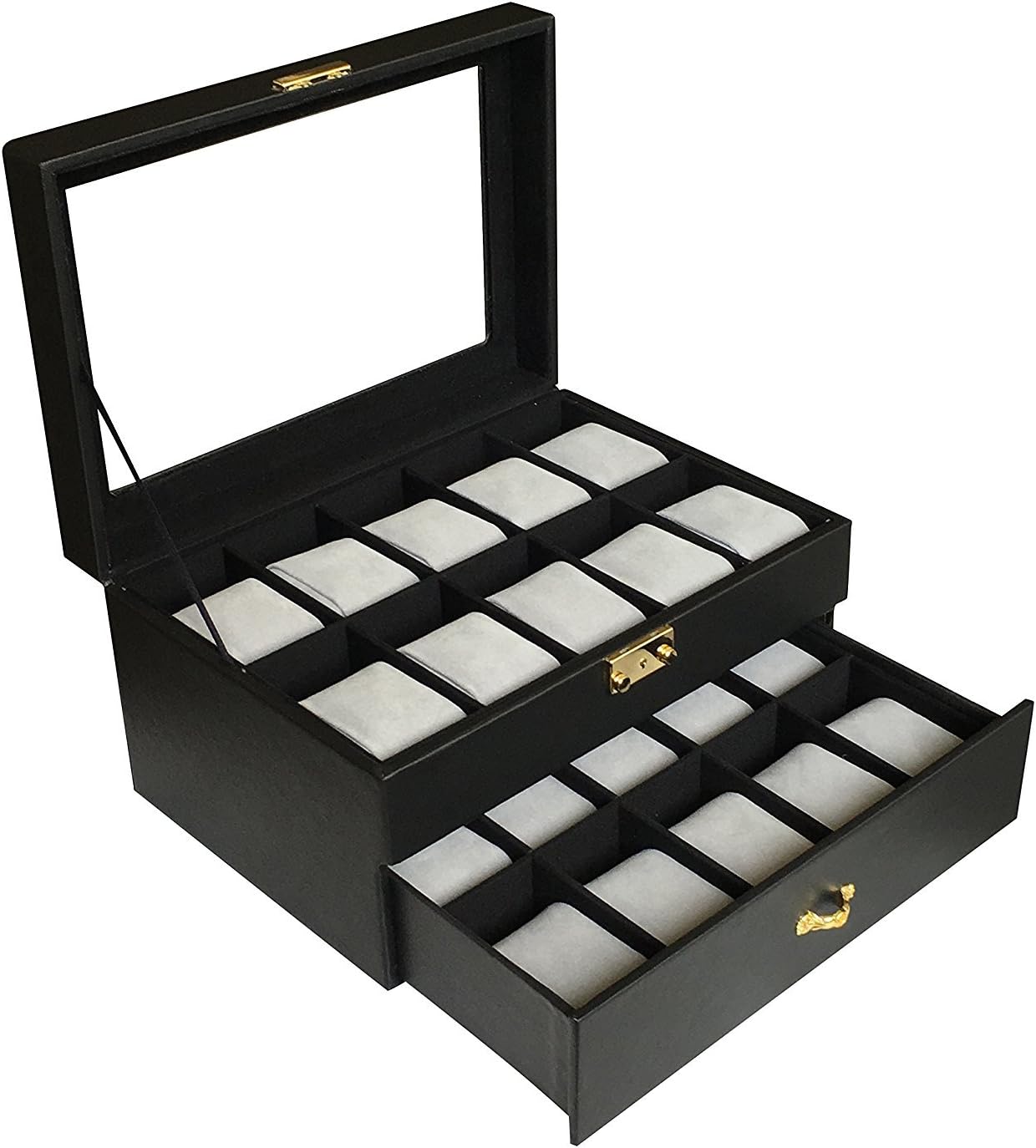 Sodynee Deluxe Large 20 Mens Watch Box with Top Safeguarded Lock, Watch Display Case Organizer,Black