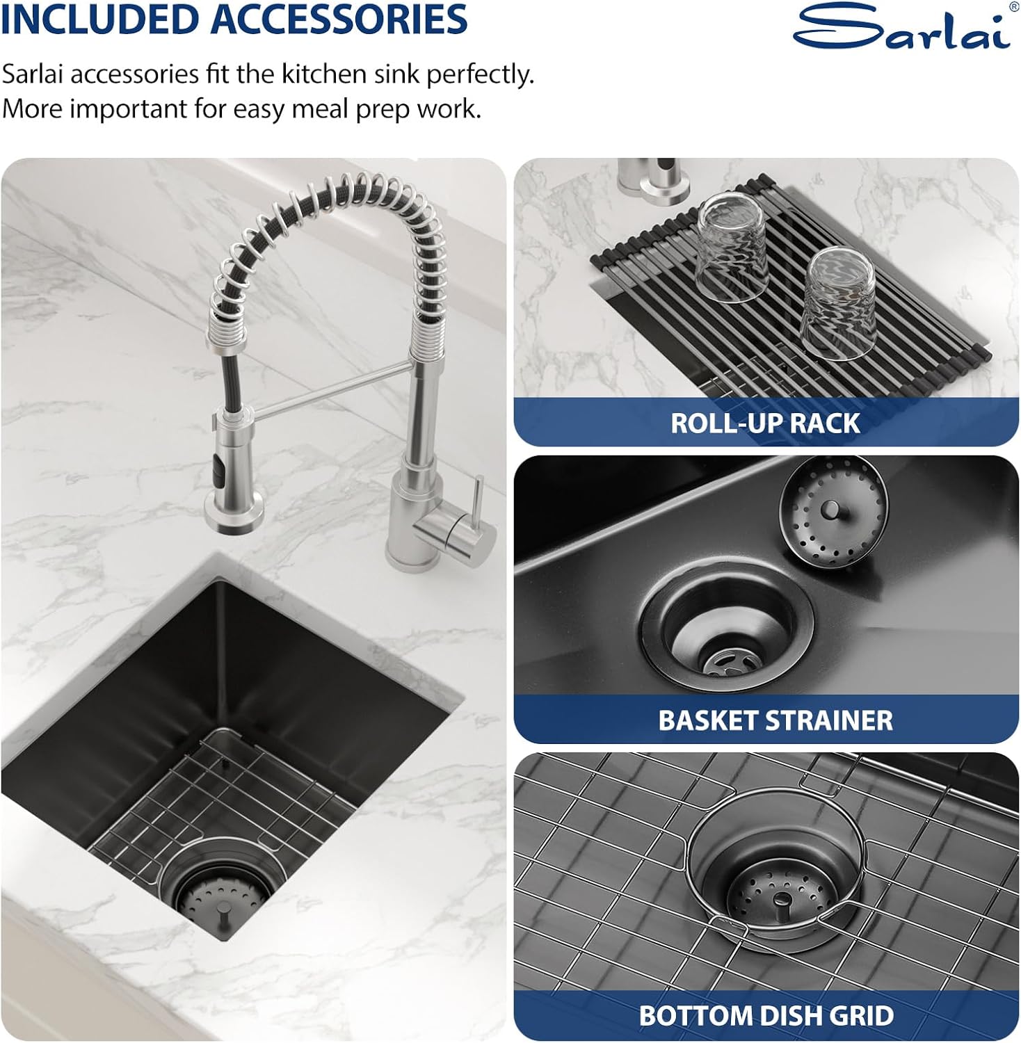 Sarlai 13 Black Bar Sink Undermount - 13x15 Gunmetal Black Under Counter Bar Prep RV Outdoor Kitchen Sink 16 Guage Stainless Steel Single Bowl Deep Sinks Basin