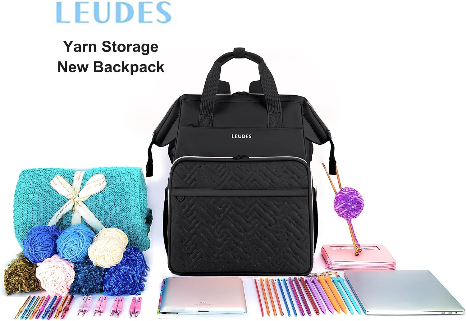 Leudes Knitting Bag Backpack, Yarn Storage Organizer Large Crochet Bag Tote Christmas Gift Yarn Holder Case for Carrying Projects, Knitting Needles (Upgraded Black)