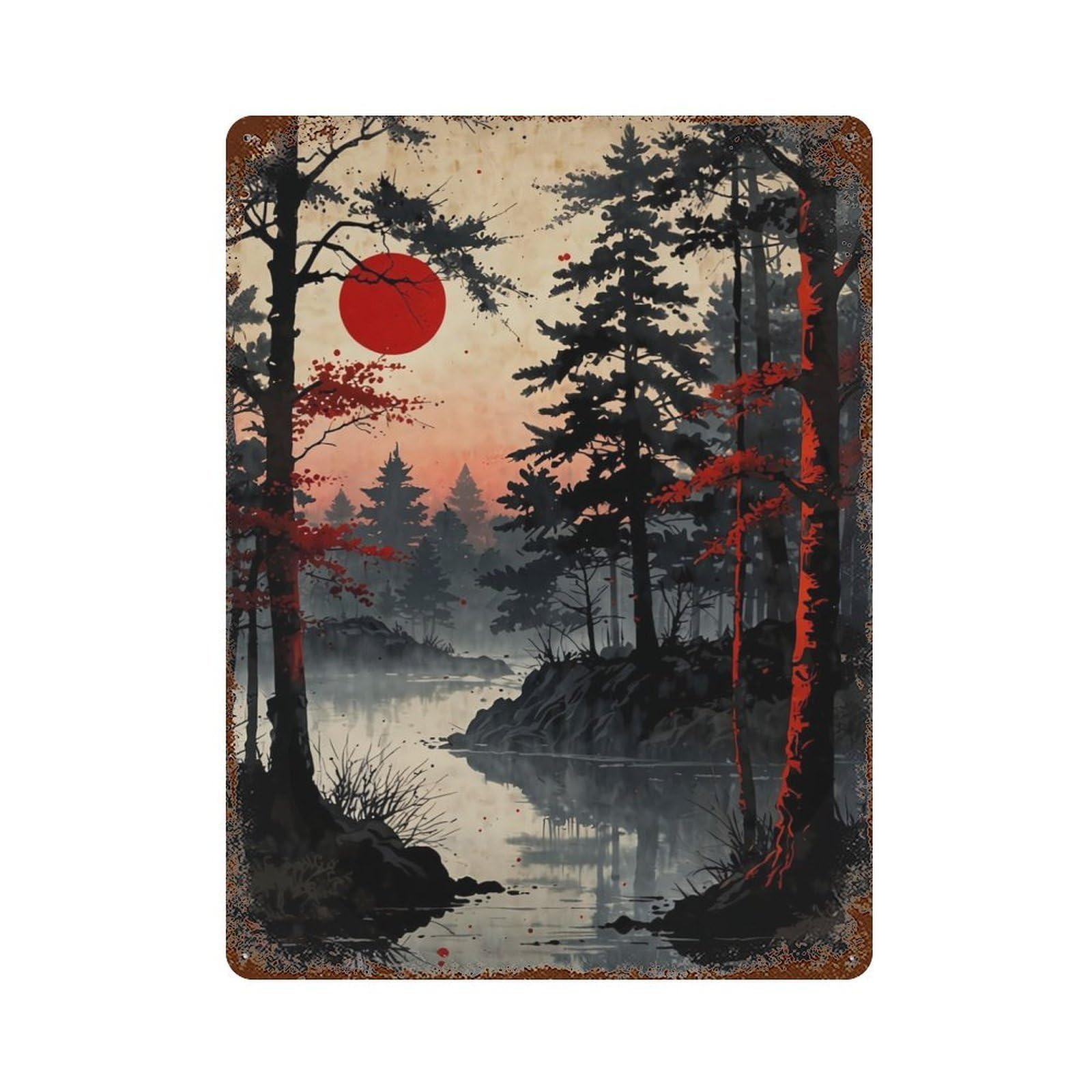 Misty Red Moon Aged Metal Wall Plaque 15.7"x11.8", for Living Room, Hallway And Home Decor, Shabby Chic Decor