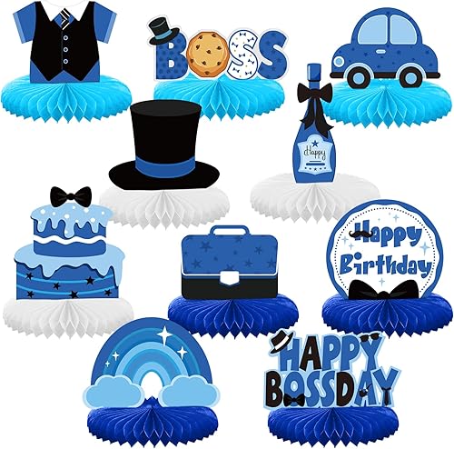 SATINIOR 10 centros de mesa para niños, decoración de fiesta de jefe, feliz cumpleaños, líder, centro de mesa de panal azul, decoración de pastel