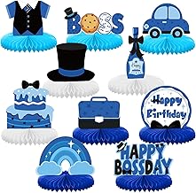 SATINIOR 10 Pcs Boy Table Centerpieces Boss Party Decorations Happy Birthday Boys Leader Blue Honeycomb Centerpieces Boss Cake Topper for Shower Newborn Day Party Supplies